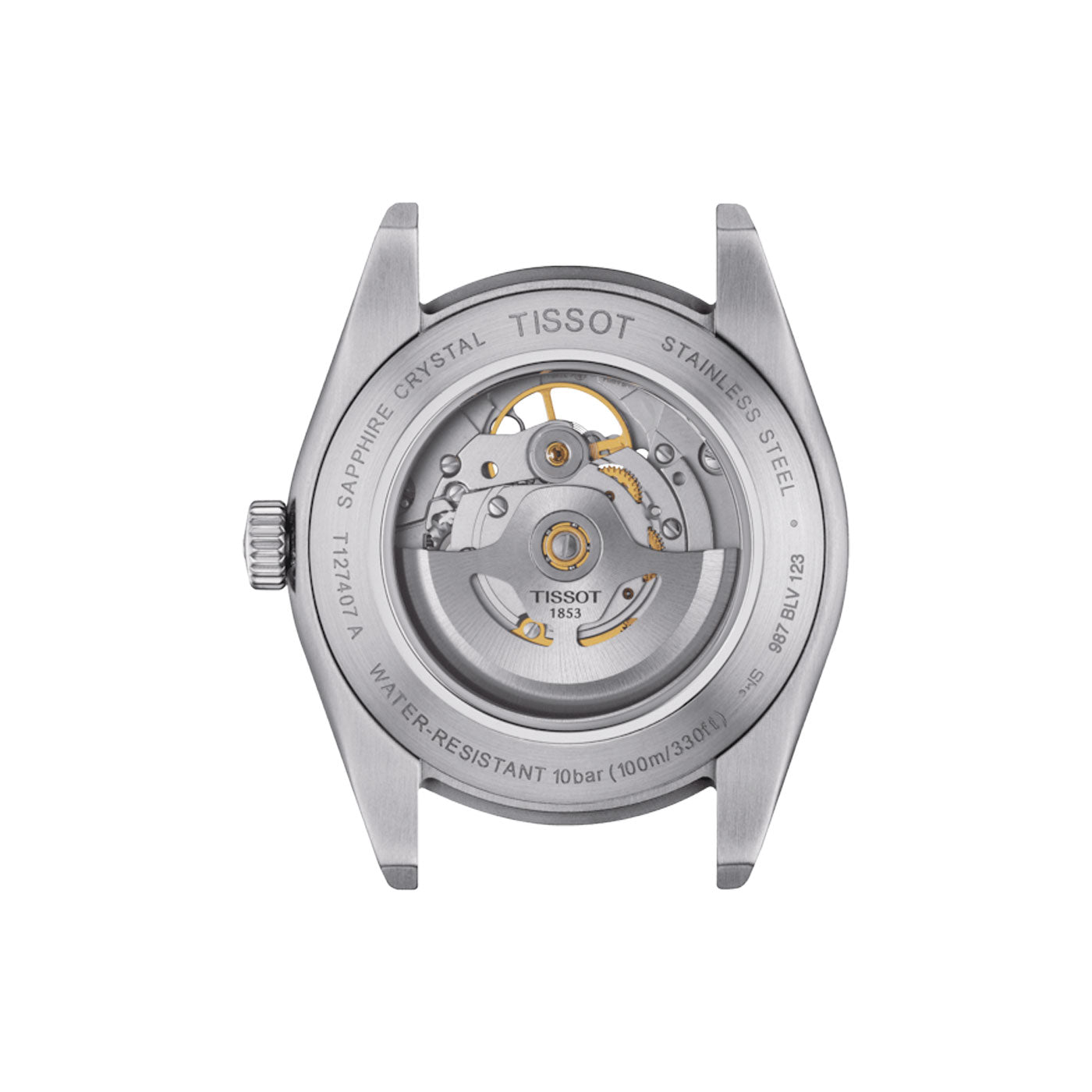 The image showcases the reverse side of a Tissot Gentleman Powermatic 80 Automatic Open Heart 40mm Watch, emphasizing its Swiss automatic movement. The rotor, gears, and inscriptions detailing water resistance and sapphire crystal are visible. This Tissot timepiece features an impressive 80-hour power reserve along with model information on the case.