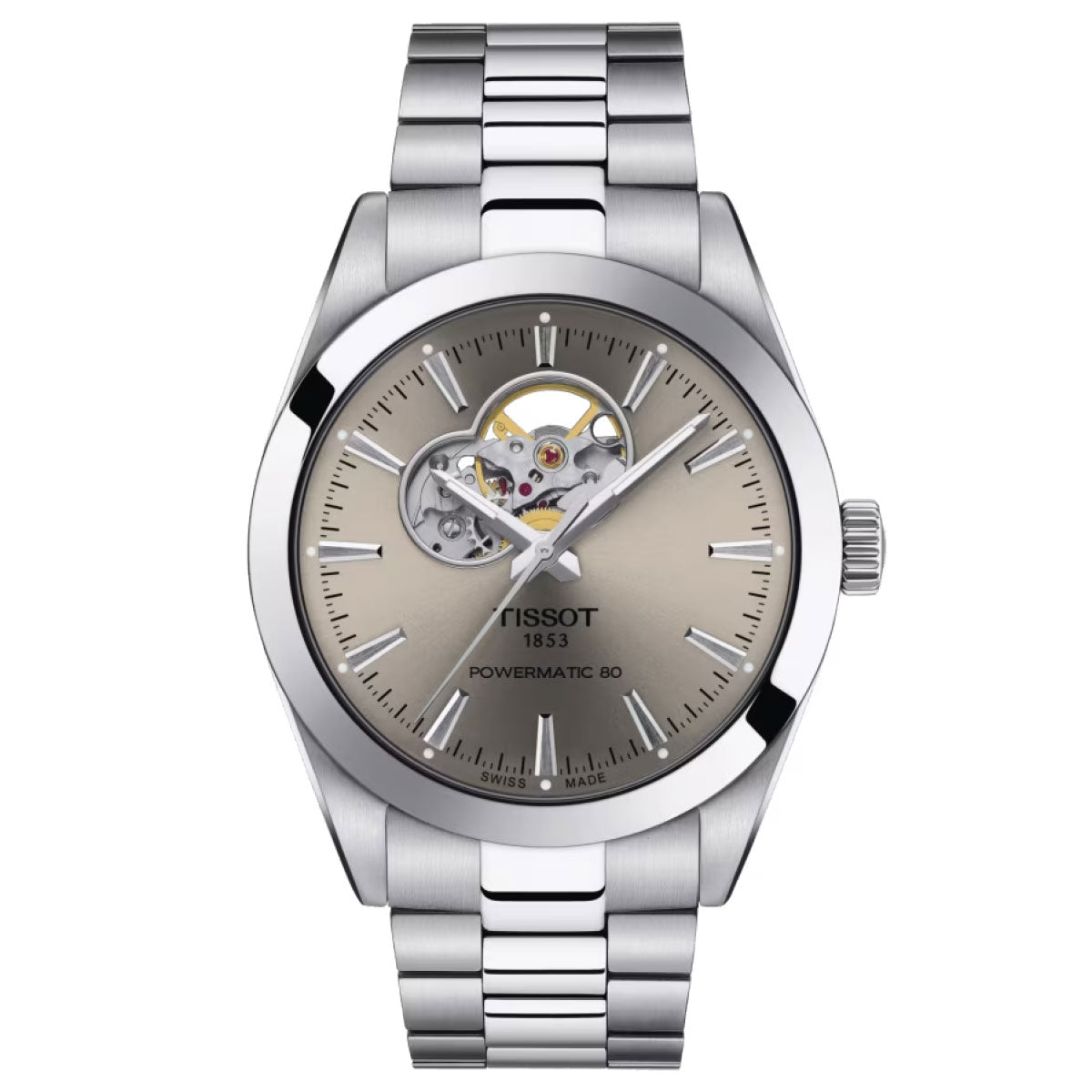 Explore the sophistication of the Tissot Gentleman Powermatic 80 Automatic Open Heart 40mm Watch. This exquisite timepiece features a metallic band and an open-heart dial, displaying its Swiss Automatic Movement. The watch face is adorned with silver hour markers and hands protected by a robust Sapphire Crystal, proudly bearing the inscriptions "Tissot 1853" and "Powermatic 80.