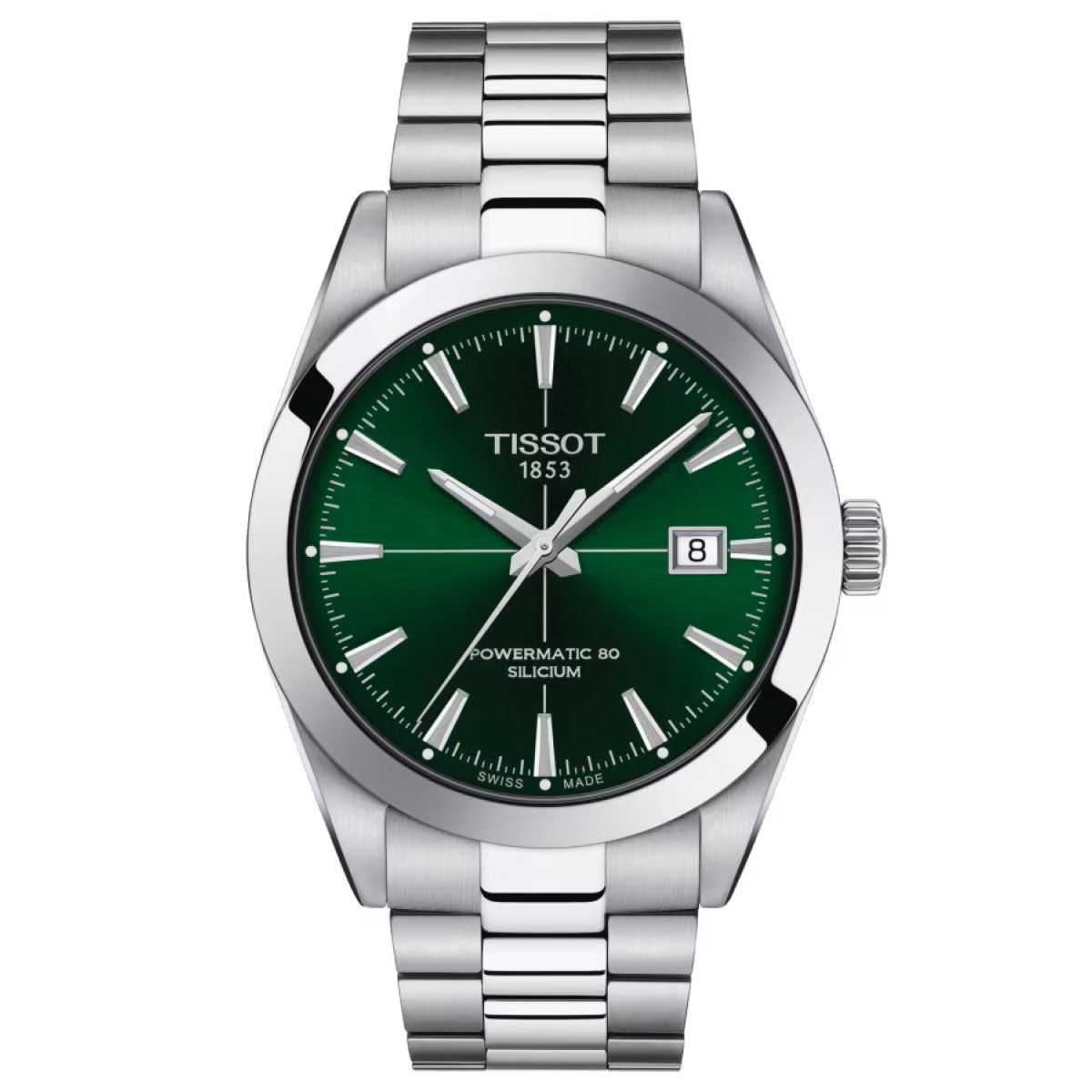 The Tissot Gentleman Powermatic 80 Automatic Silicium 40mm Watch by Tissot boasts a silver metal band and an eye-catching green dial, safeguarded by sapphire crystal. Its Swiss Automatic Movement features silver hour markers, a date window at the 3 o'clock position, and "Powermatic 80 Silicium" text. Luminous-coated hands complete its sophisticated design.