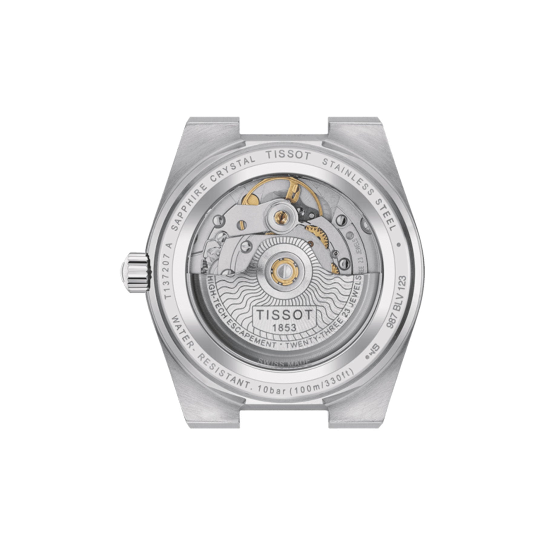 The image depicts the Tissot PRX Powermatic 80 Automatic 35mm Watch, showcasing its transparent case that unveils the detailed Swiss automatic movement. The timepiece is equipped with a durable 316L stainless steel case and scratch-resistant sapphire crystal, and it is water-resistant up to 10 bar.