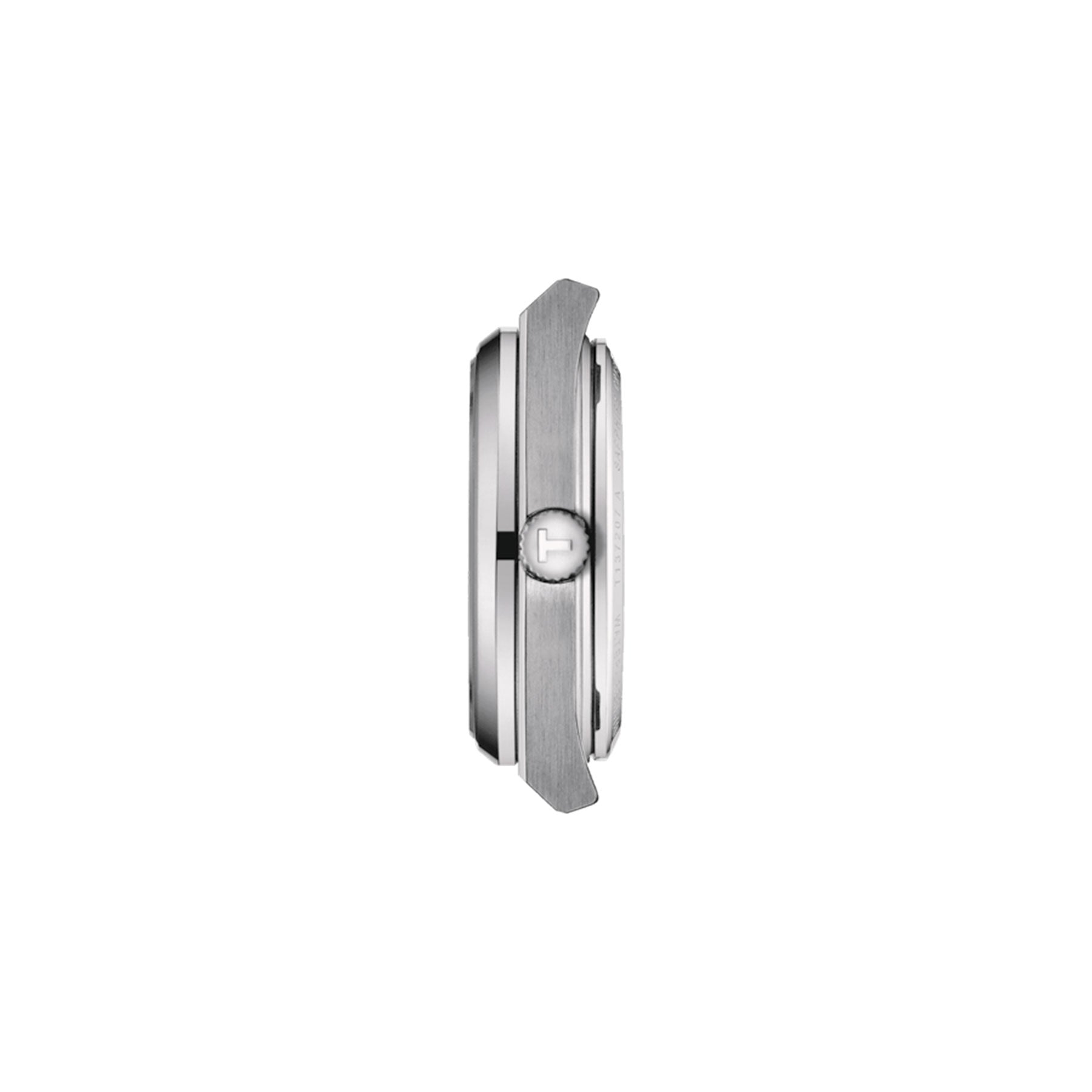 Side view of the Tissot PRX Powermatic 80 Automatic 35mm Watch showcasing a sleek silver case with a round crown, intricate detailing on the bezel, and a combination of brushed and polished finishes. The slim, modern design features a durable 316L stainless steel case.