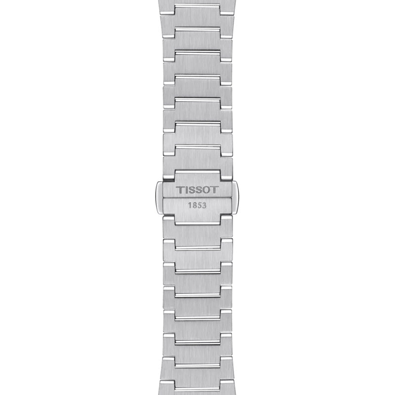 A close-up image of a polished stainless steel watch bracelet with a clasp engraved "Tissot 1853." This Tissot PRX Powermatic 80 Automatic 35mm Watch showcases a brushed metal finish and interconnected rectangular links, beautifully complementing its sophisticated automatic movement and eye-catching waffle dial pattern.