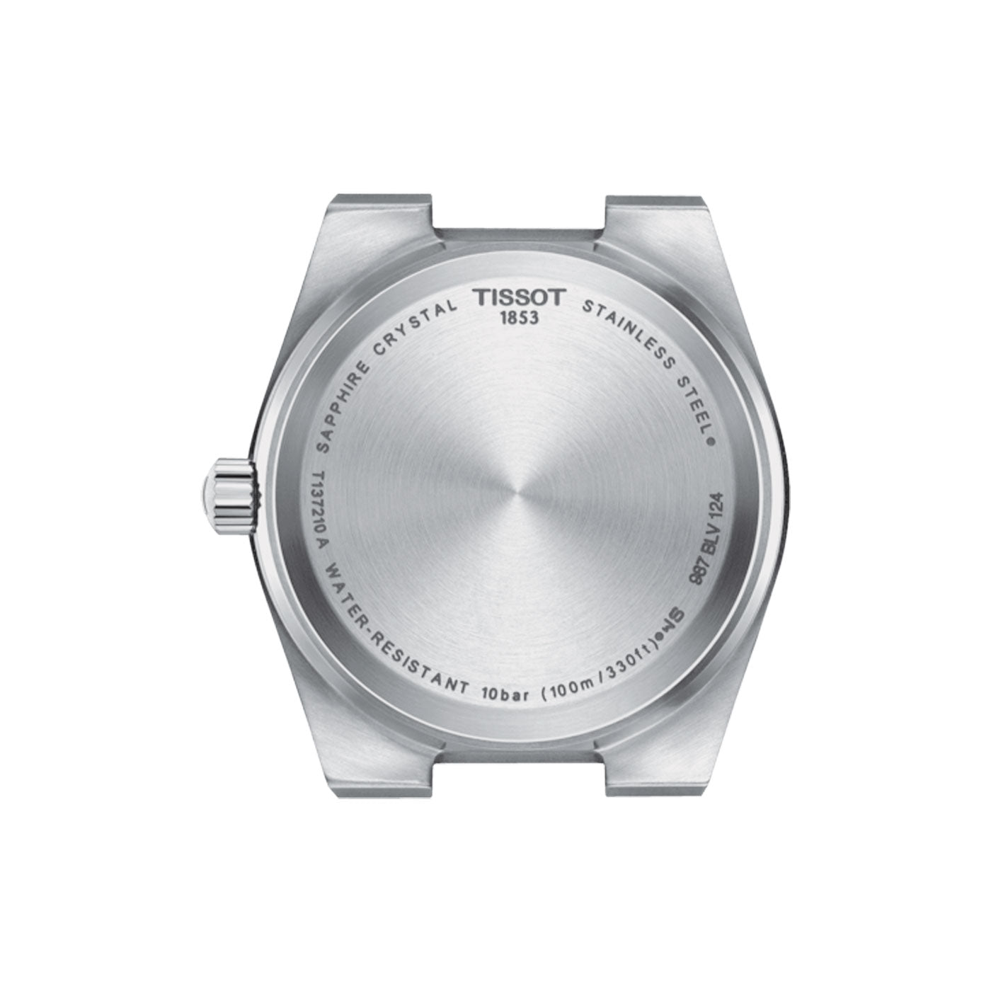 Rear view of the Tissot PRX Quartz 35mm Watch case, highlighting its sturdy 316L stainless steel construction. Distinctive features include the imprint "1853," a durable scratch-resistant sapphire crystal, Swiss Quartz Movement, and water resistance up to 10 bar (100m/330ft). The crown is prominently visible on the side.