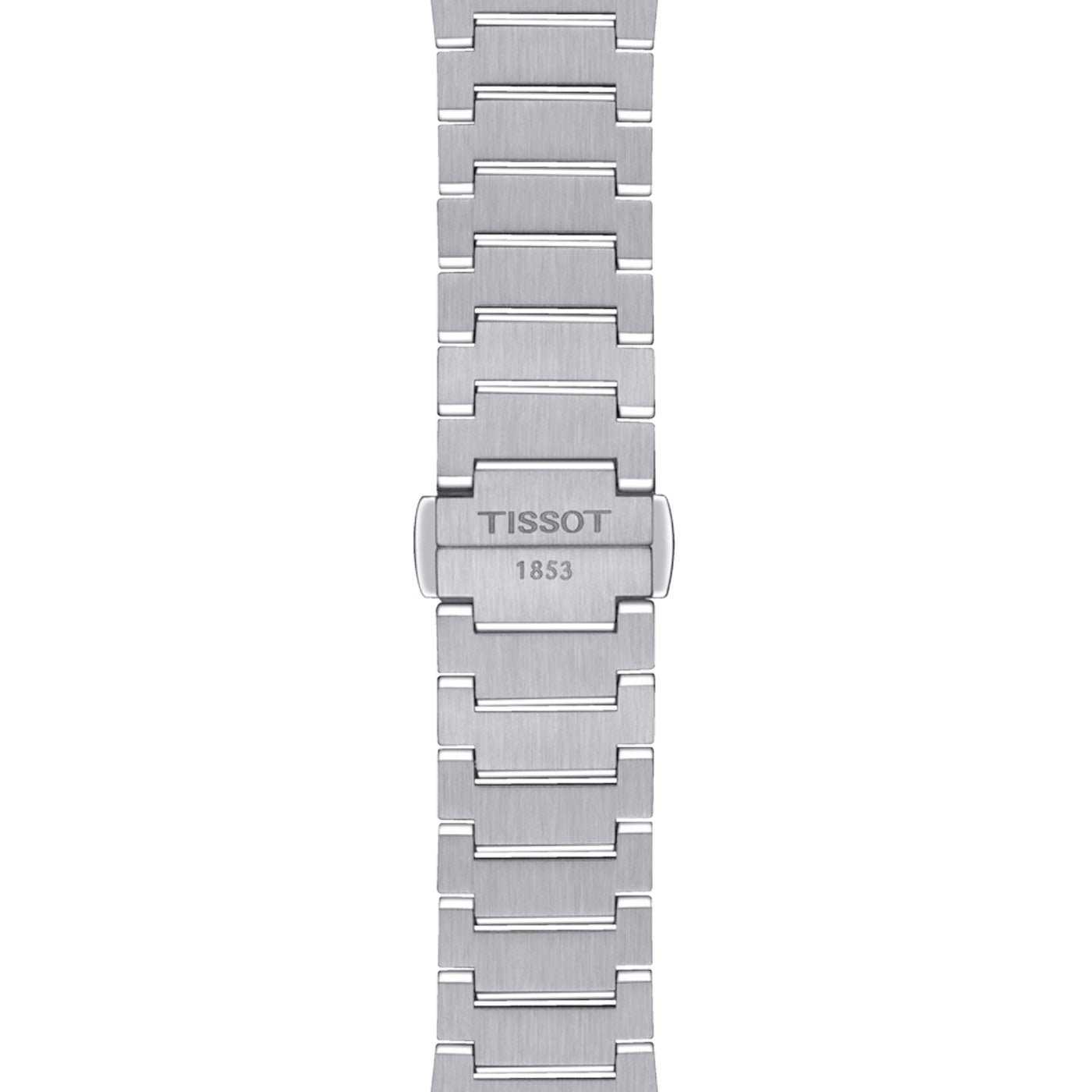 The Tissot PRX Quartz 35mm Watch features a close-up image of its silver bracelet, crafted from 316L stainless steel with a brushed metal finish. The clasp prominently displays the brand's name "TISSOT" and the year "1853," highlighting the timeless Swiss craftsmanship through its rectangular links.