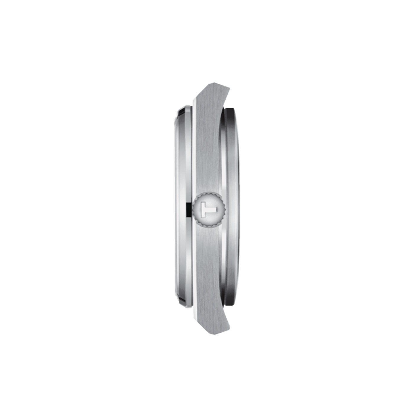 A side view of the Tissot PRX Quartz 35mm Watch showcases its sleek, silver design with a minimalistic aesthetic. The watch is crafted with a 316L stainless steel case and features a circular crown adorned with a prominent Tissot logo, complemented by a flat, streamlined bezel. The background is plain white.