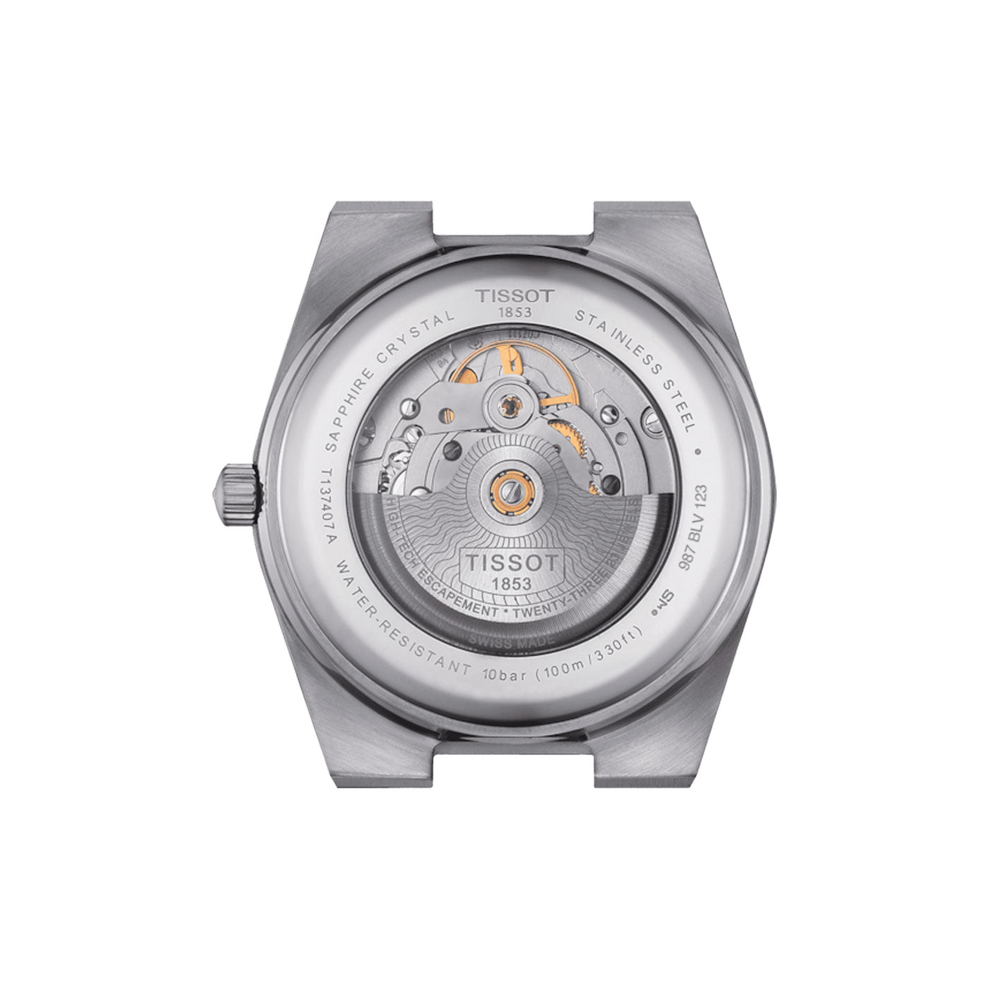 A close-up of the Tissot PRX Powermatic 80 Automatic 40mm Watch back reveals the intricate Swiss automatic movement. Visible engravings feature the brand name, "1853," details about the scratch-resistant sapphire crystal, stainless steel composition, and water resistance information. This watch offers an impressive 80-hour power reserve with a transparent back cover.