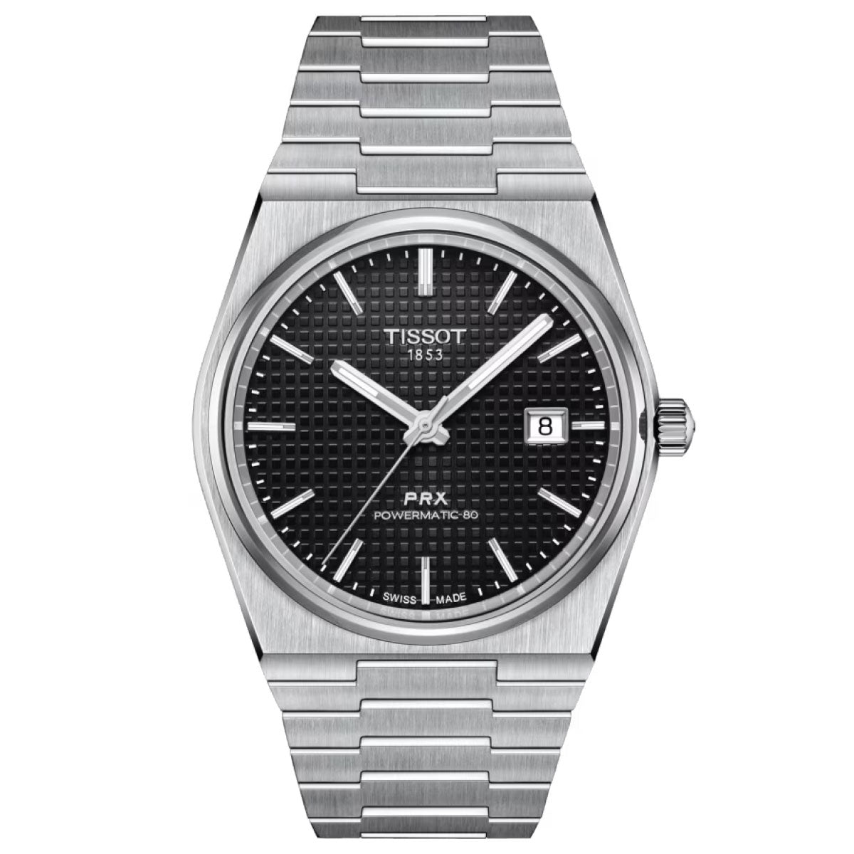 The Tissot PRX Powermatic 80 Automatic 40mm Watch is a silver timepiece with Swiss Automatic Movement, featuring a textured black dial, silver hour markers, and hands. It offers an 80-hour Power Reserve and includes a small date window at the 3 o'clock position. The term "POWERMATIC 80" is elegantly displayed on the scratch-resistant sapphire crystal of its stainless steel link bracelet.