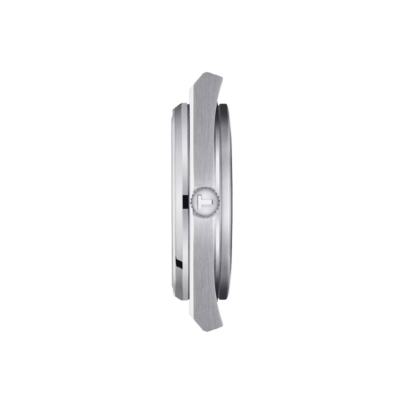 Side view of the Tissot PRX Powermatic 80 Automatic 40mm Watch, highlighting its sleek, thin design and automatic movement. The stainless steel case is complemented by a minimalist crown on the side against a plain white background.