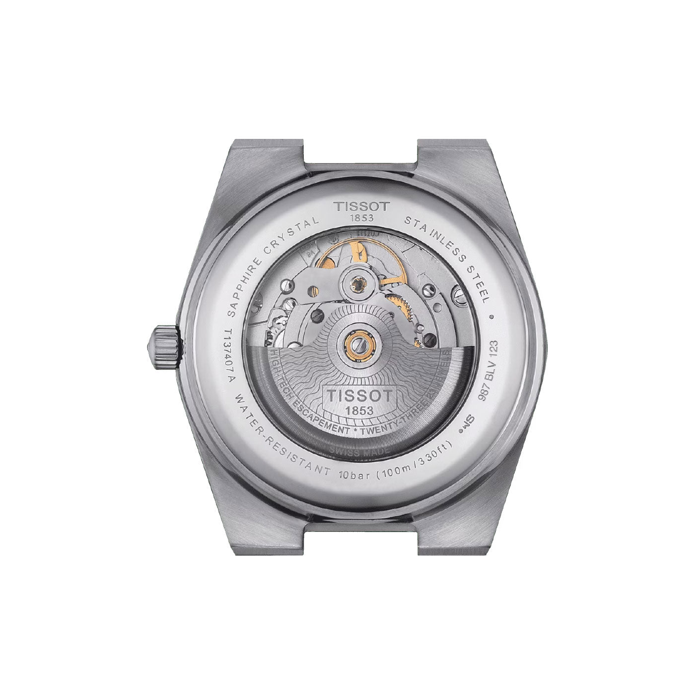 The image shows the back view of the Tissot PRX Powermatic 80 Automatic 40mm Watch, highlighting its transparent, scratch-resistant sapphire crystal case that beautifully reveals the complex automatic movement inside. The stainless steel back is engraved with details such as "1853" and its "10 bar water-resistant" capability for enhanced durability.