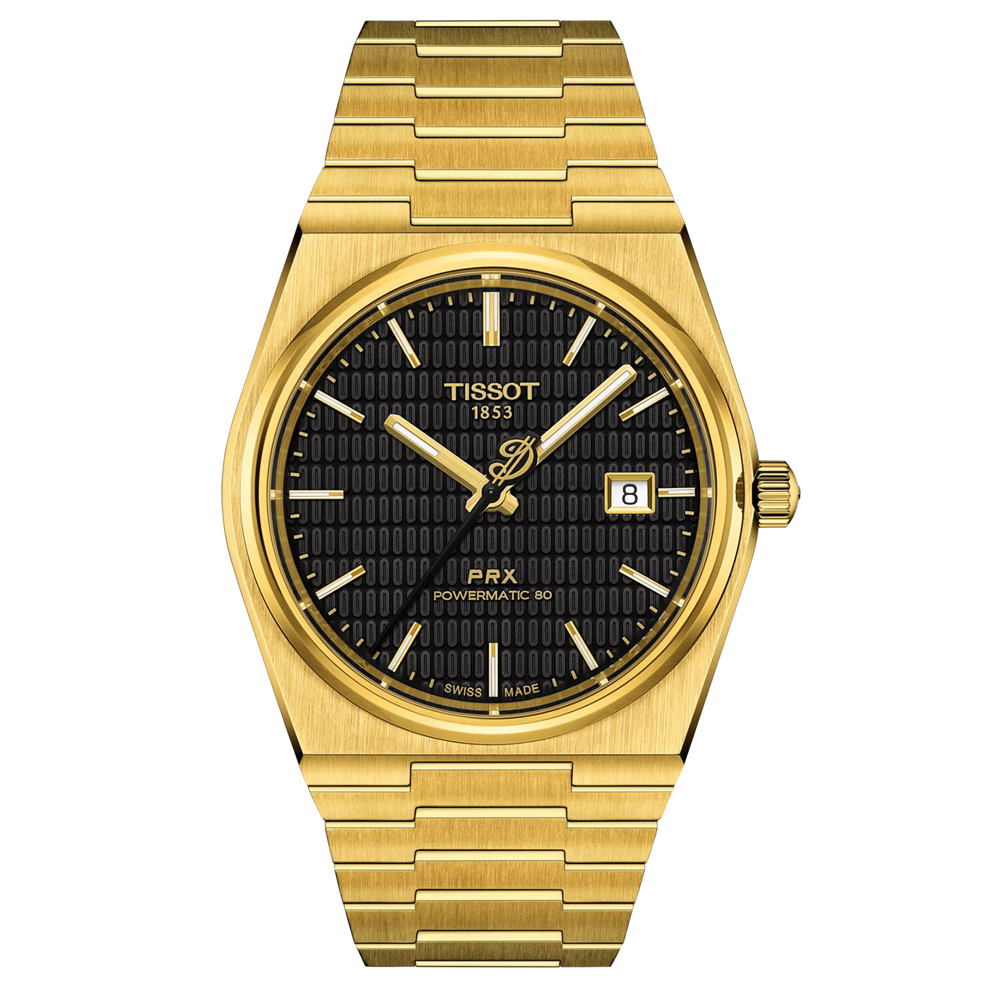 The Tissot PRX Powermatic 80 Automatic 40mm Watch Damian Lillard Special Edition features a black textured dial with gold hour markers and hands, a date display at 3 o'clock, and an elegant gold metal bracelet, ideal for Dame Time enthusiasts.