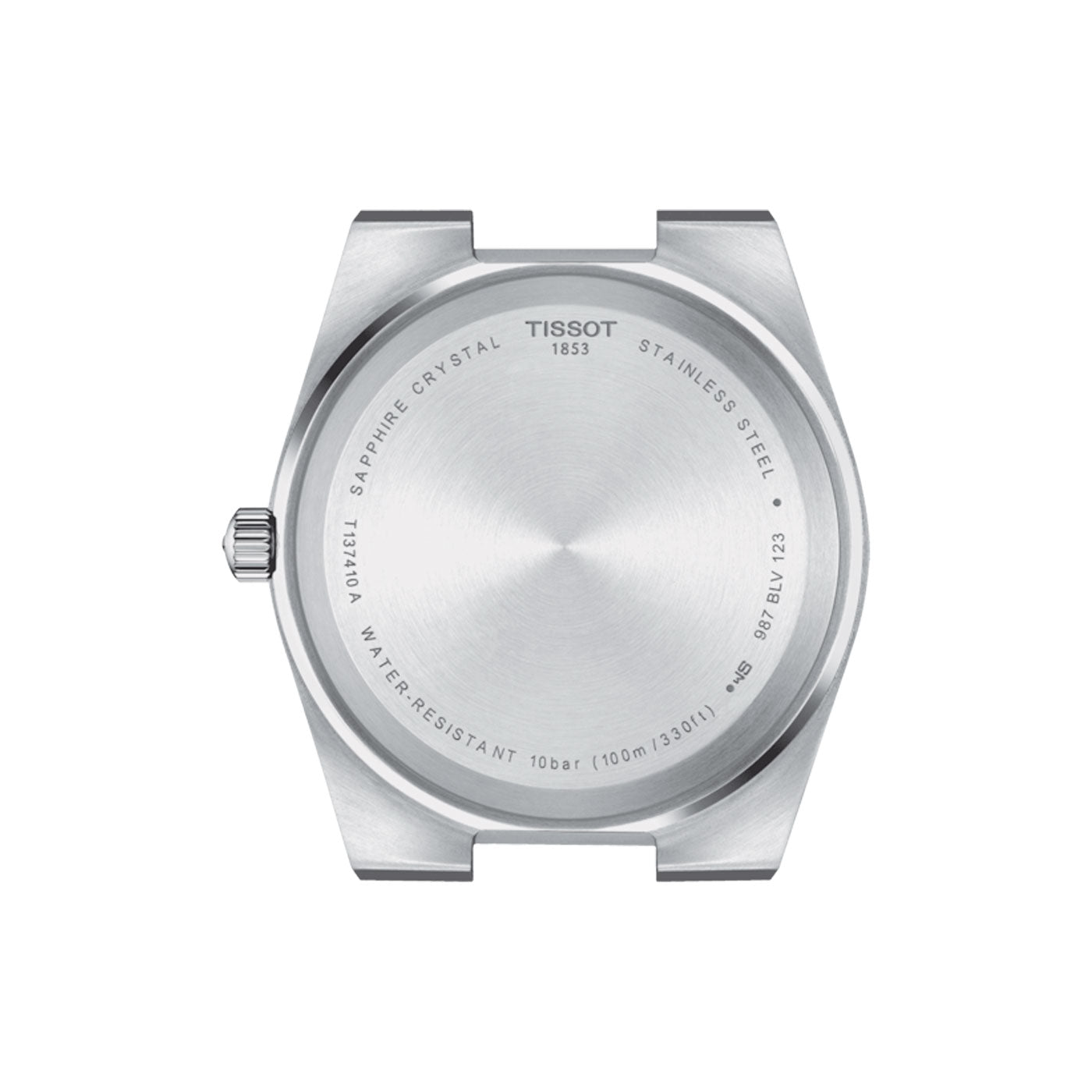 The image displays the back of the Tissot PRX Quartz 40mm Watch case, showcasing a brushed stainless steel finish. It features markings indicating water resistance up to 100 metres, a scratch-resistant sapphire crystal, and both the model and serial numbers.