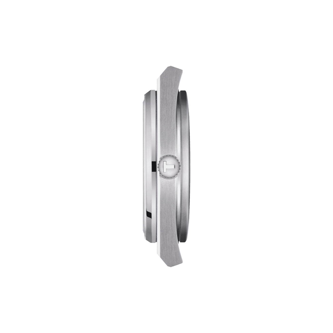 Side view of the elegant Tissot PRX Quartz 40mm Watch, with its sleek, silver round case and minimalist design. It features water resistance up to 100 meters, with the crown prominently visible on the side, emphasizing its slim profile against a plain white background.
