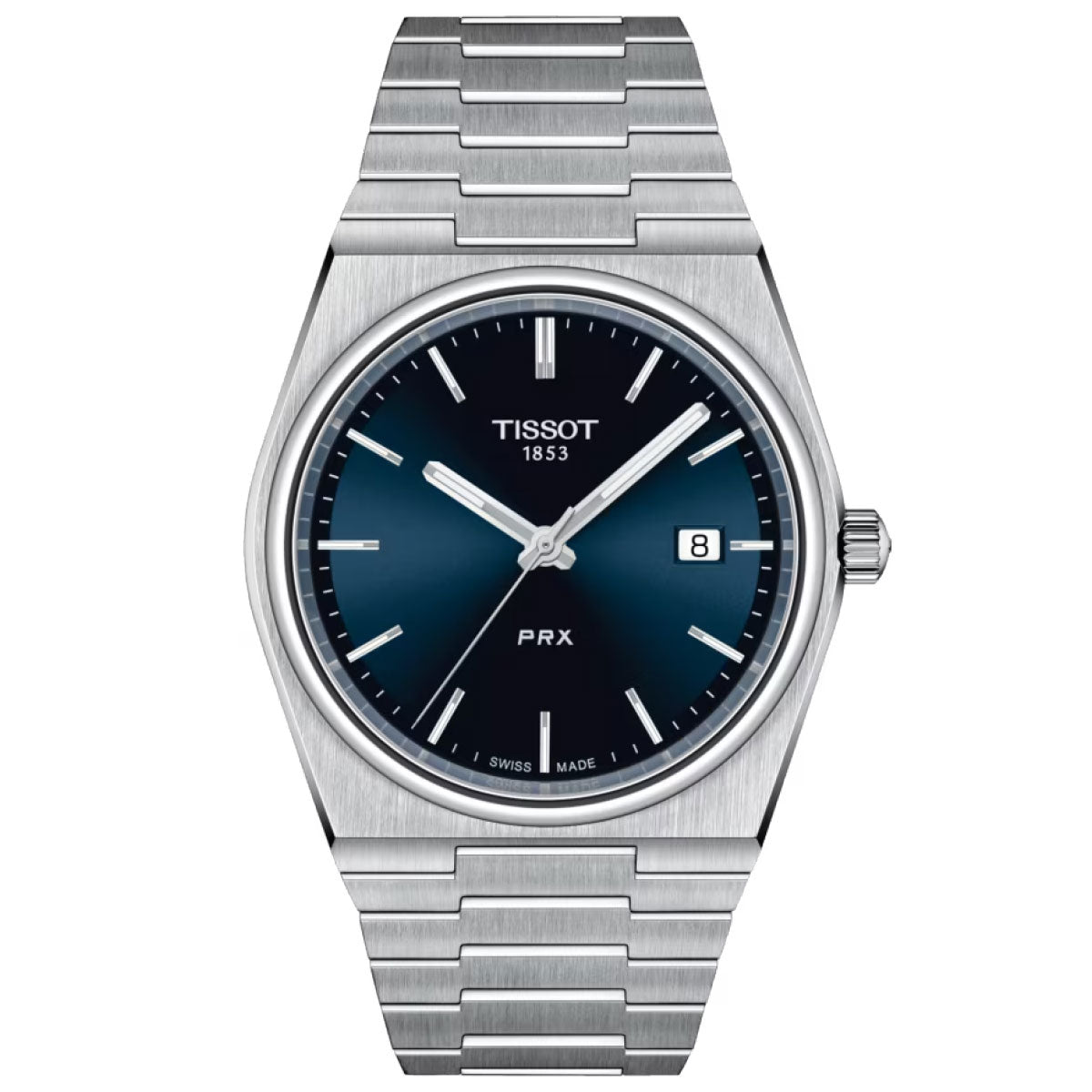 The Tissot PRX Quartz 40mm Watch by Tissot features a Swiss Quartz Movement and a stainless steel band. Its elegant blue gradient dial is accented with silver hour markers and hands, includes a date window at 3 o'clock, and is safeguarded by robust Sapphire Crystal. Additionally, it offers water resistance suitable for daily use.