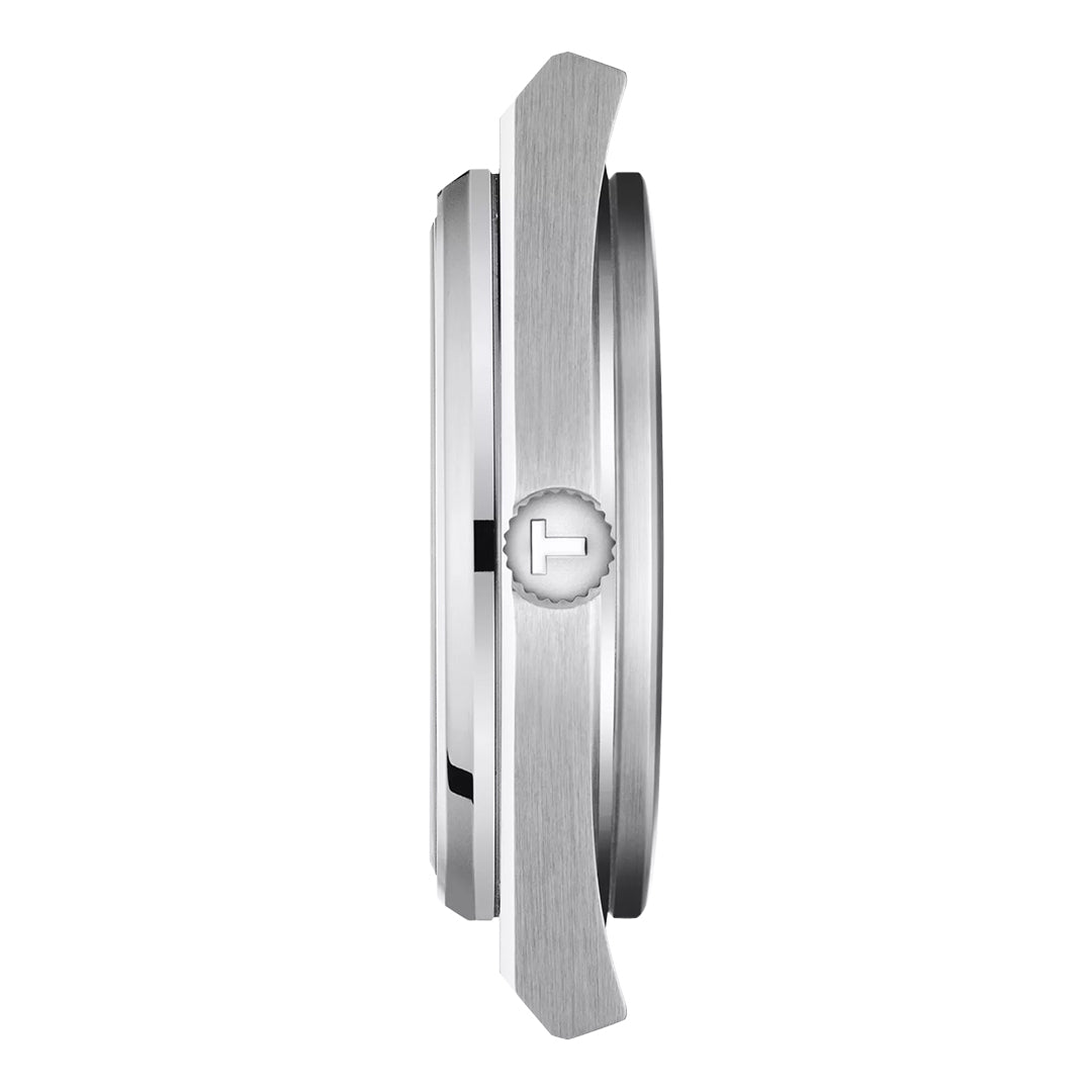 Side view of the Tissot PRX Quartz 40mm Watch, featuring a textured crown with logo, brushed metal case, slim profile, modern edges, and precise Swiss Quartz movement.