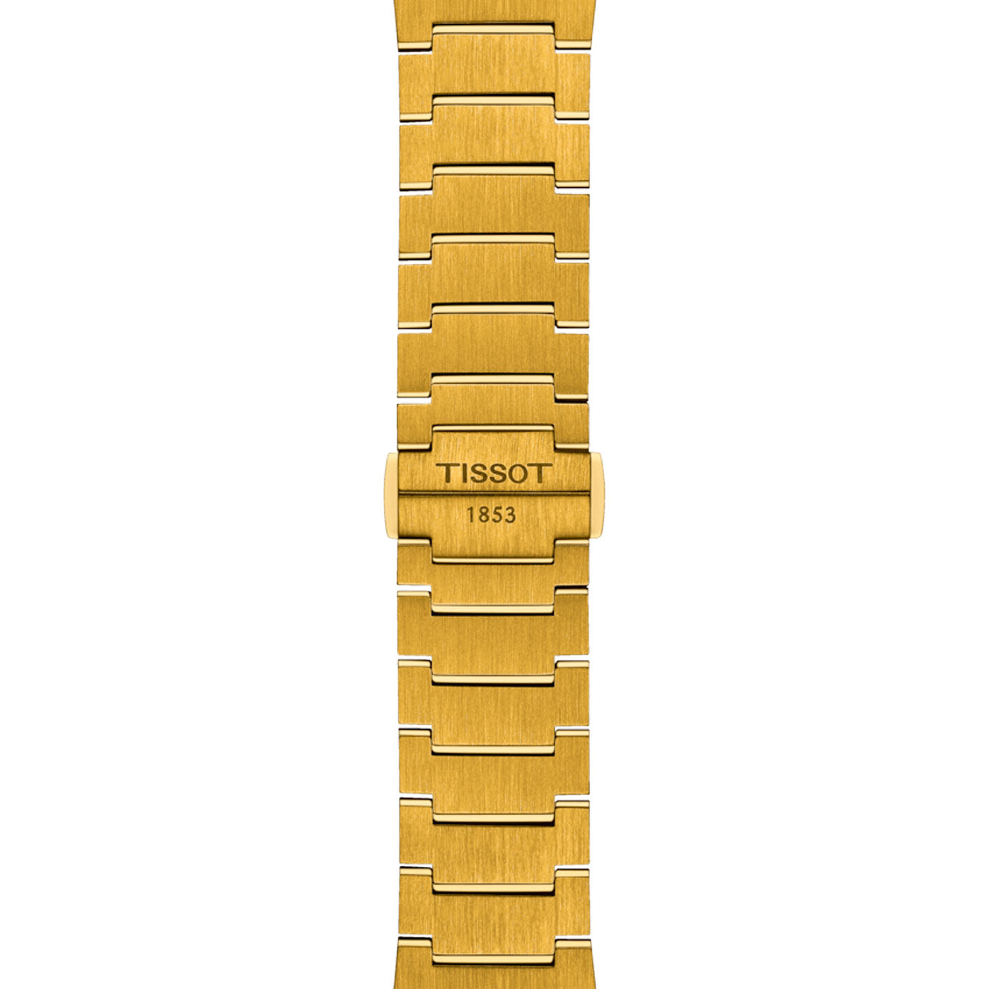 The Tissot PRX Quartz 40mm watch features a stylish gold wristwatch band with a brushed metal finish and segmented design, displaying "TISSOT 1853" on the clasp. This band is crafted with yellow gold PVD, making it an ideal match for the timepiece's precise Swiss Quartz Movement.