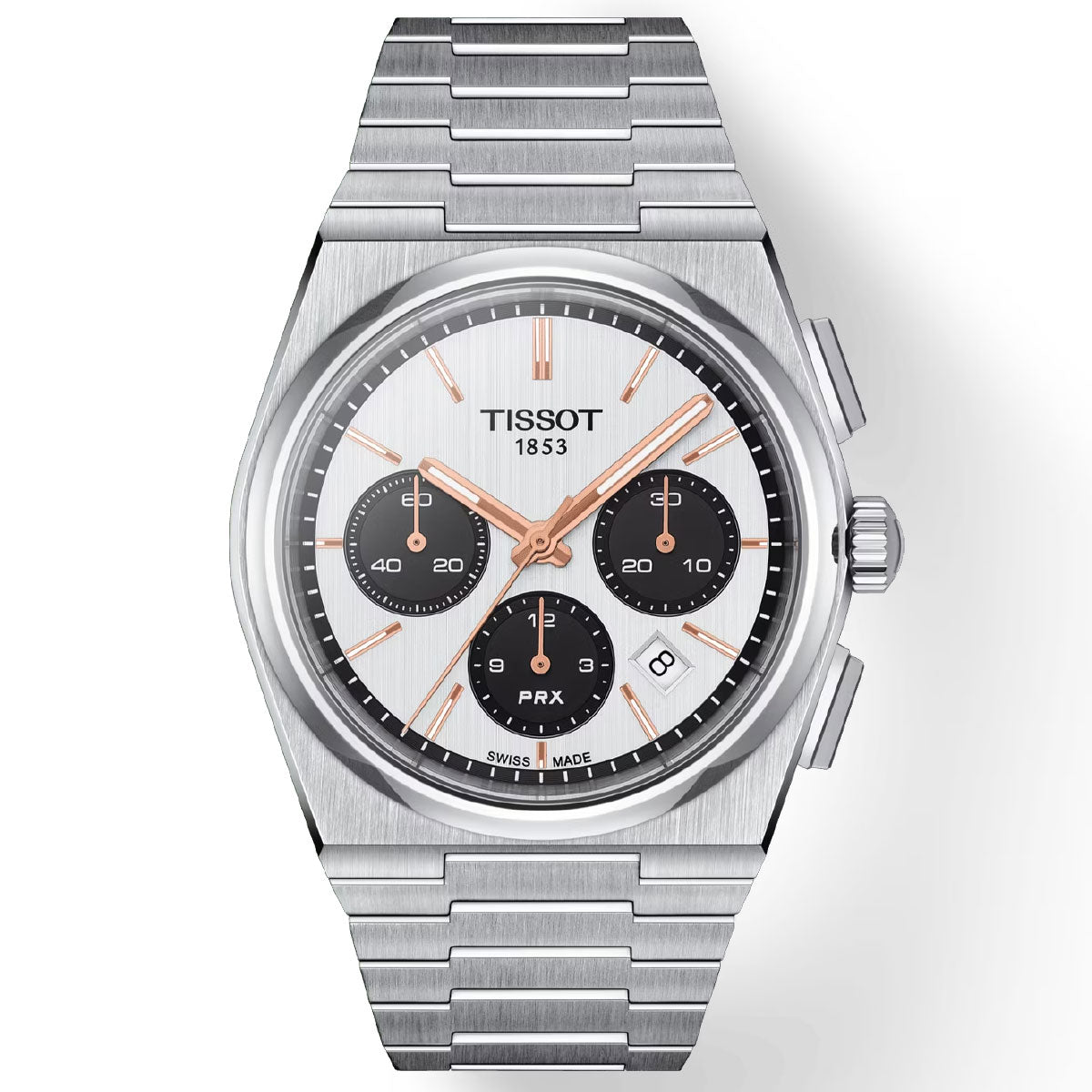 A Tissot PRX Automatic Chronograph 42mm watch features a stainless steel bracelet and showcases a white dial with three black subdials, complemented by rose gold-tone hands and markers, as well as a date window at 4 o'clock. The design is safeguarded by scratch-resistant sapphire crystal and adorned with the Tissot logo and "1853" beneath the 12 o'clock position.