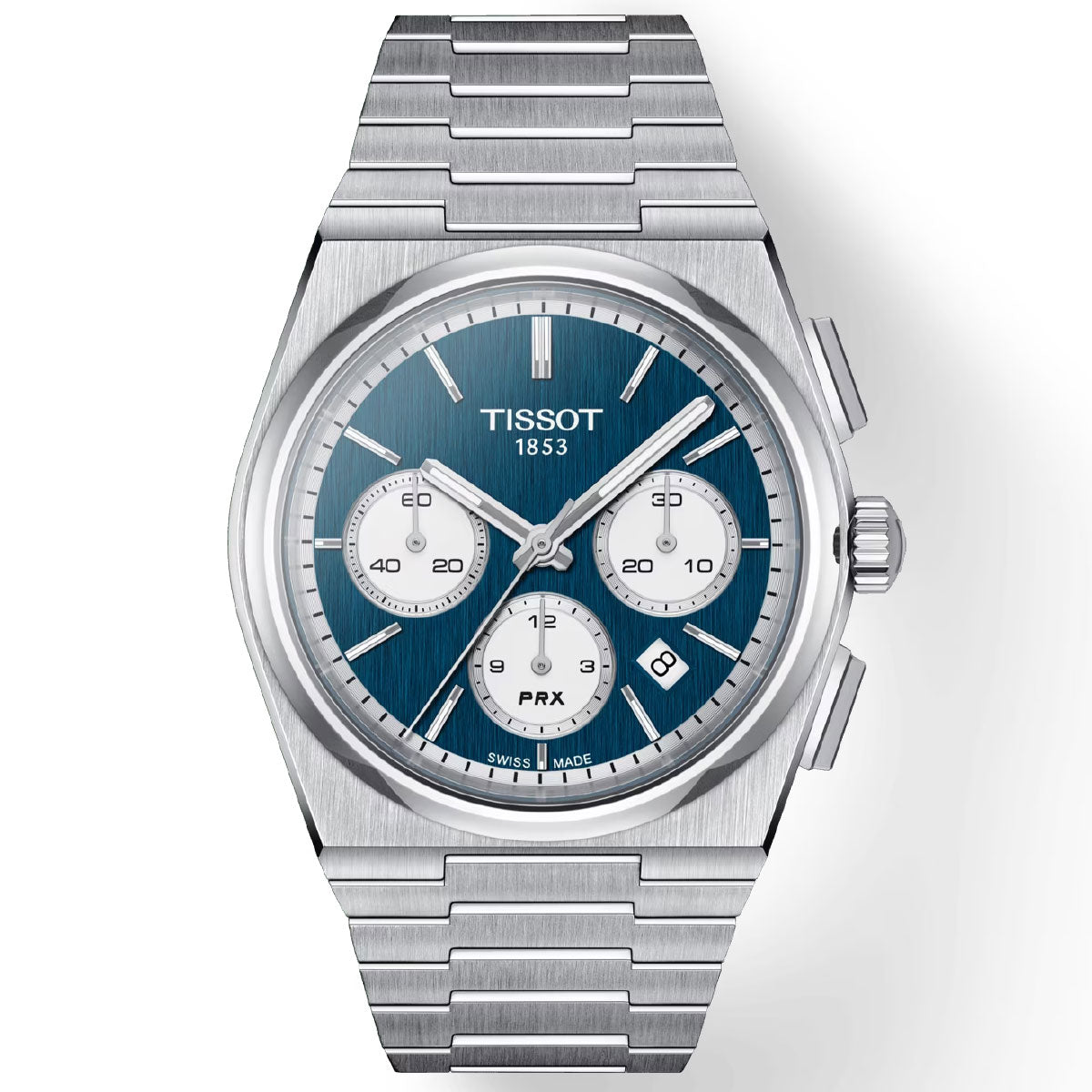 The Tissot PRX Automatic Chronograph 42mm Watch, crafted from stainless steel, showcases a striking blue face accented with Swiss Automatic Movement. It includes three chronograph dials, a date display, the iconic Tissot logo along with "1853" text on the face. This timepiece embraces modern design elegance with its linked metal band and scratch-resistant sapphire crystal.