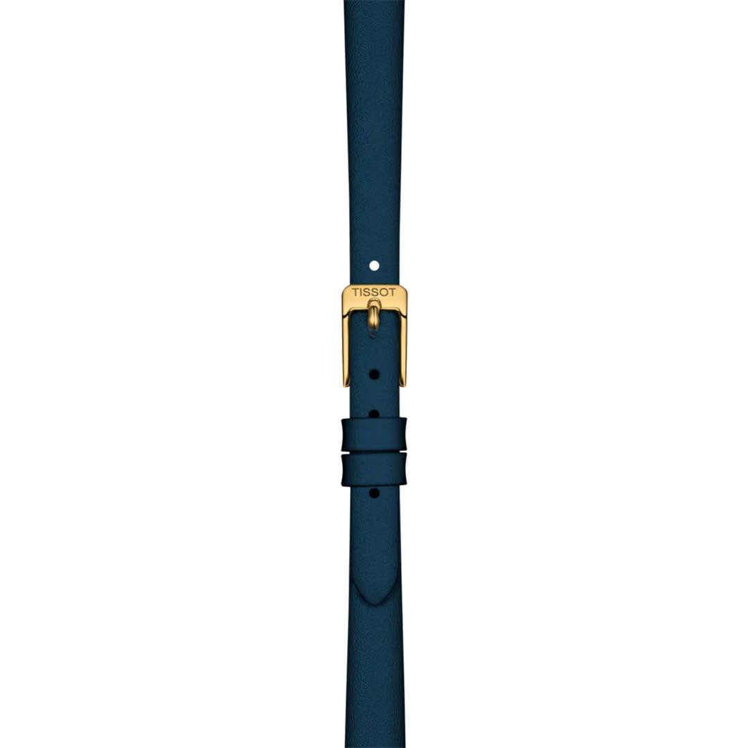 A blue leather watch strap with a gold “TISSOT” buckle, ideal for the Tissot Lovely Round Quartz 19.5mm Watch, is displayed vertically against a white background.