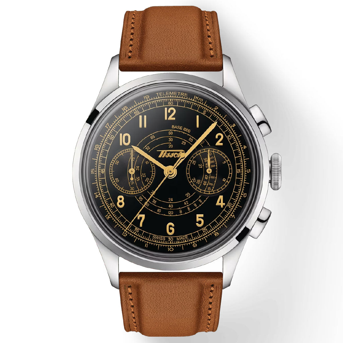 The Tissot Telemeter 1938 Automatic 42mm Watch by Tissot is a classic wristwatch featuring a round black dial adorned with gold numerals and hands. It boasts water resistance and is protected by sapphire crystal. The watch includes a tachymeter, chronograph subdials, and showcases a Swiss automatic movement. It has a stainless steel case paired with a brown leather strap.