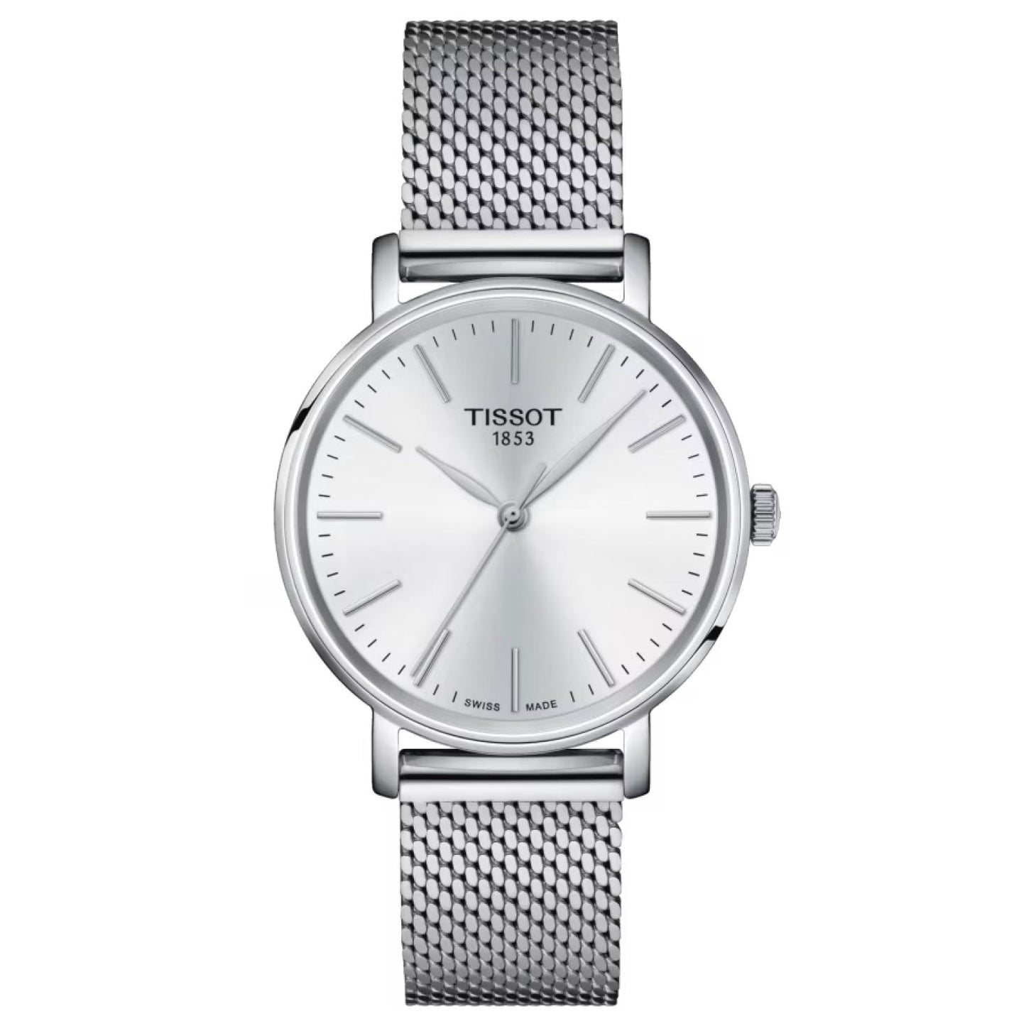 The Tissot Everytime Quartz 34mm Watch showcases a 316L stainless steel mesh band and a minimalist silver dial, featuring sleek hour markers, thin hands, the signature "Tissot 1853," and is equipped with a scratch-resistant sapphire crystal.