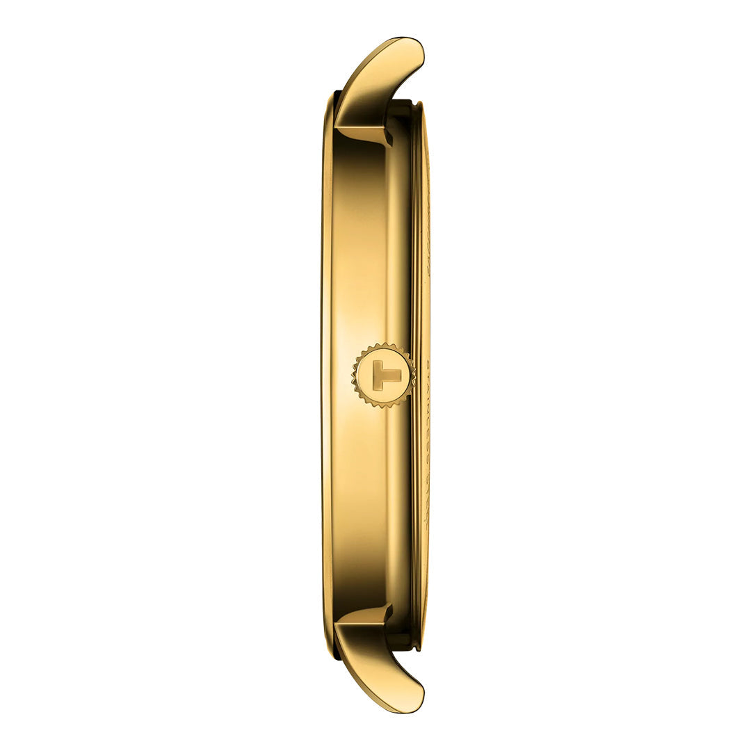 Side view of the Tissot Everytime Quartz 40mm Watch by Tissot, showing its gold 316L stainless steel case with a textured crown and straight lugs. The watch face and strap are not visible.