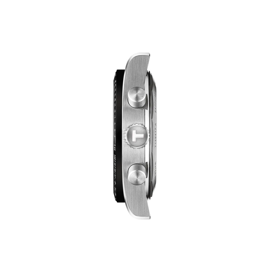 Side view of the Tissot PR516 Chronograph Quartz 40mm Watch, showing its two pushers and crown on a white background. The sleek metallic design and stainless-steel bracelet emphasize its profile and thickness.