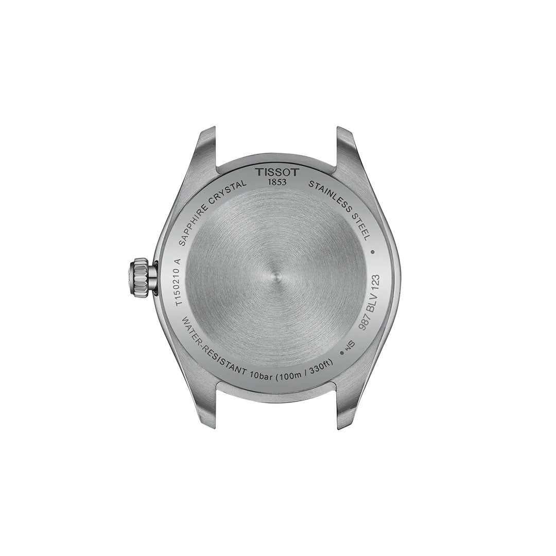 Back view of the Tissot PR100 Quartz 34mm Watch case, engraved with "TISSOT 1853," "Sapphire Crystal," "Swiss Made quartz," water resistance details, and reference numbers.
