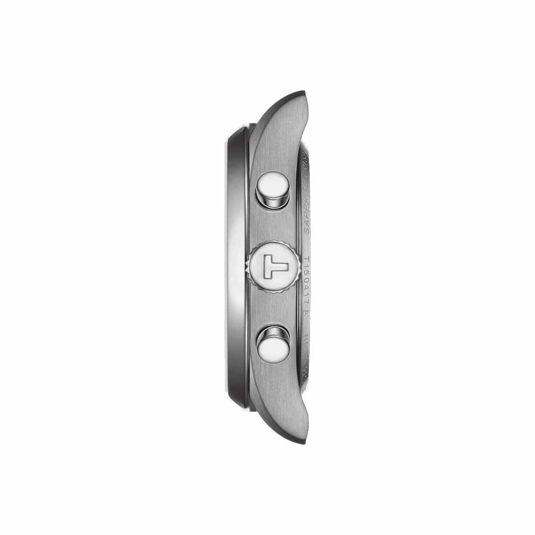 Side view of the Tissot PR 100 Chronograph Quartz 40mm Watch case in silver, featuring two round pushers and a crown with the Tissot "T" logo, set against a plain white background.