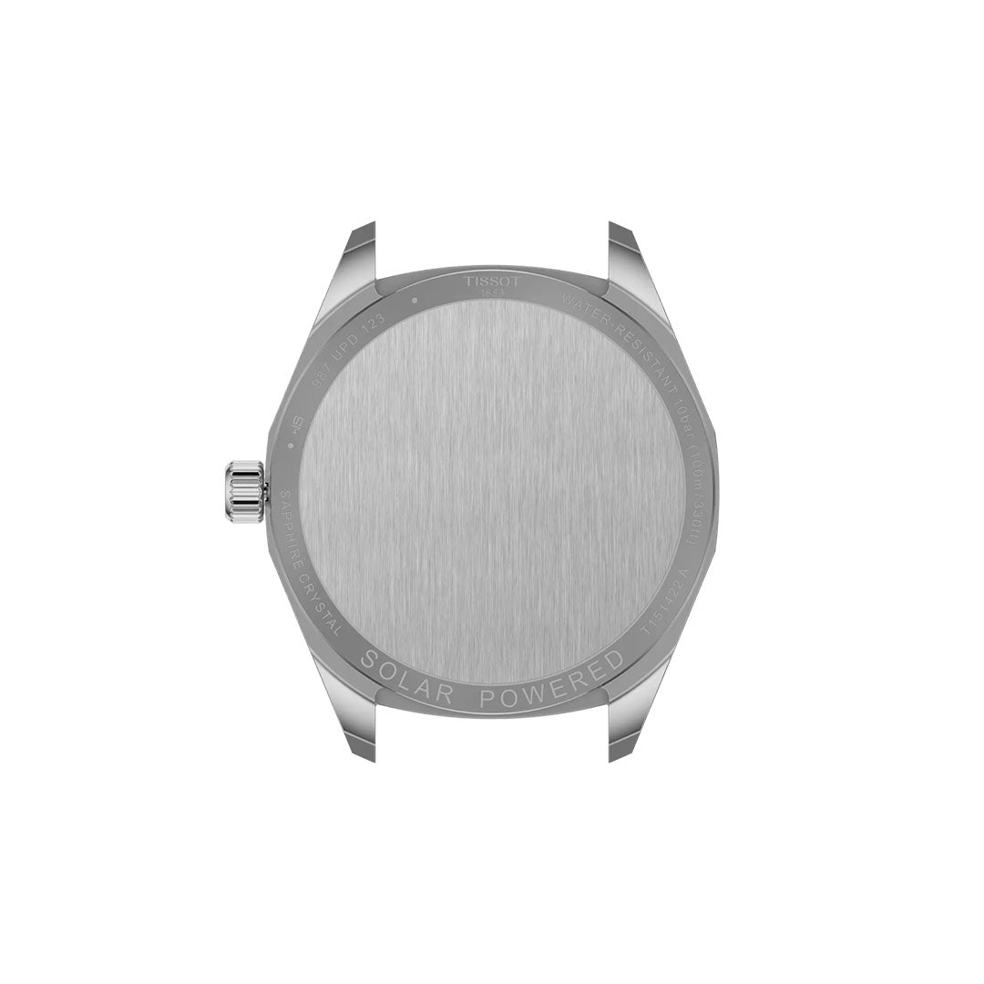 The back view of the Tissot PRC 100 Solar Quartz 39mm Watch in silver shows "SOLAR POWERED" engraved along the edge, a brushed metal finish, and a left-side crown.