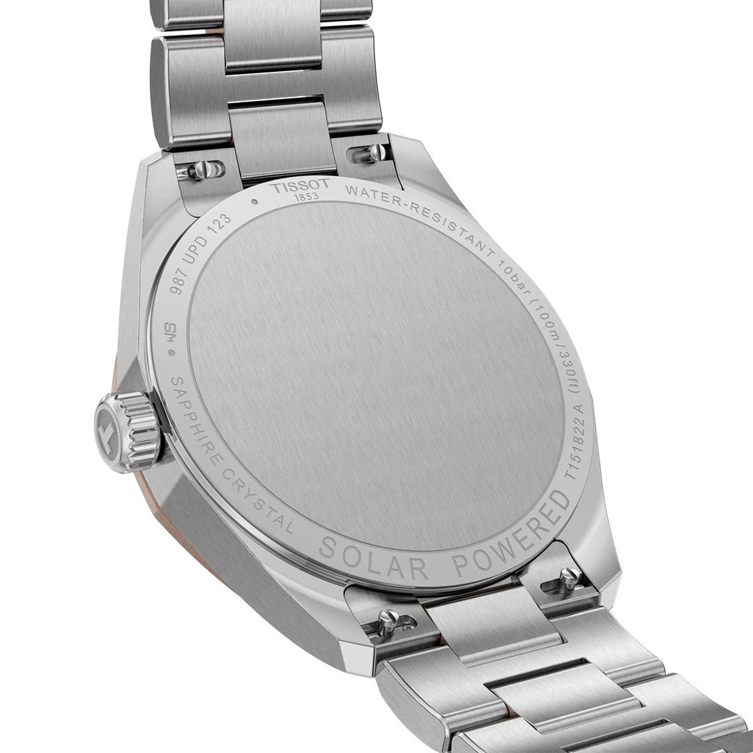 The image shows the back of the Tissot PRC 100 Solar Quartz 34mm Watch, featuring engraved details like "SOLAR POWERED," "SAPPHIRE CRYSTAL," model info, Lightmaster Solar Quartz movement, and water resistance.