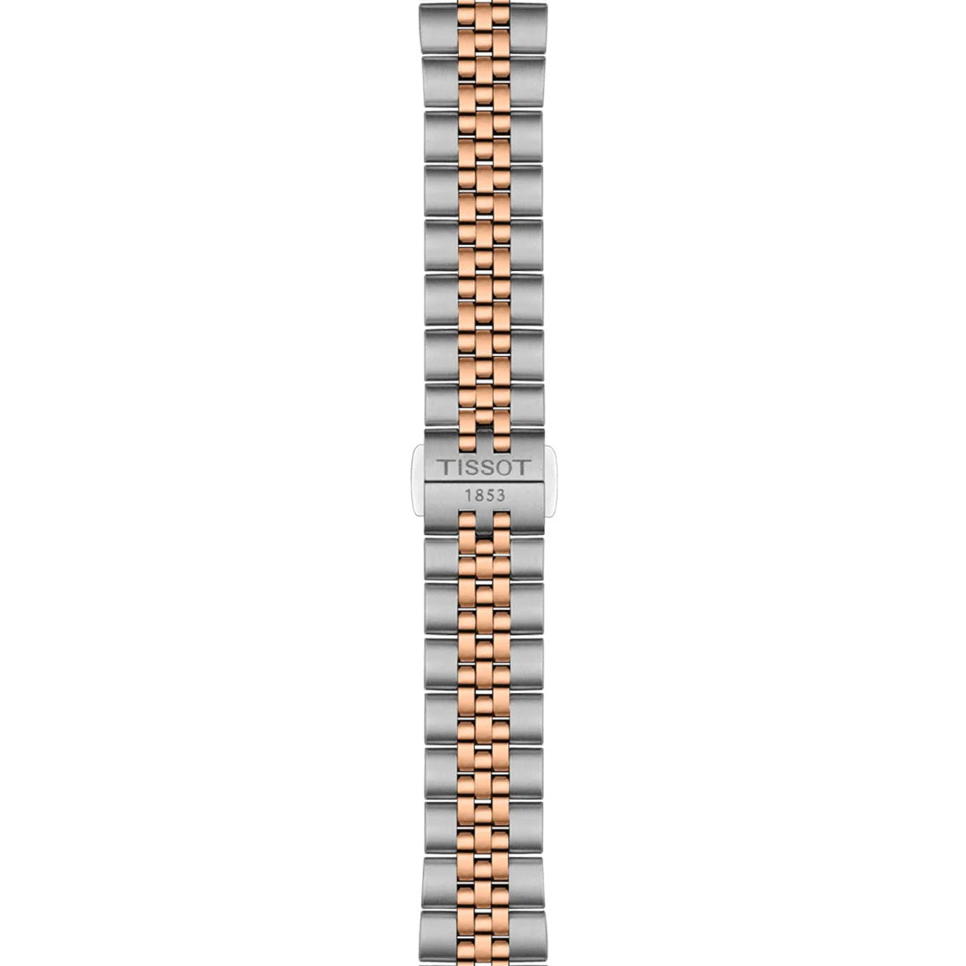 The Tissot Ballade Powermatic 80 Automatic 30mm Watch features a silver and rose gold bracelet with a "TISSOT 1853" clasp, perfectly matching its chronometer-certified Powermatic 80 precision.