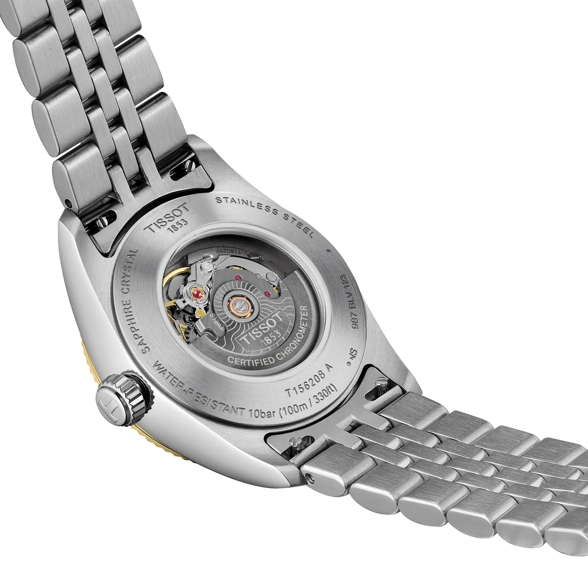 The case back of a Tissot Ballade Powermatic 80 Automatic 30mm Watch with an exhibition window revealing the Powermatic 80 movement, attached to a stainless steel link bracelet.