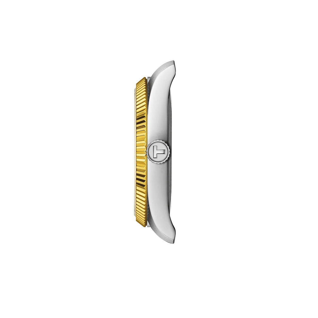 Side view of the Tissot Ballade Quartz 34mm Watch, showcasing a gold fluted bezel, silver case, logo-engraved crown, and interchangeable bracelet by Tissot, set against a plain white background.
