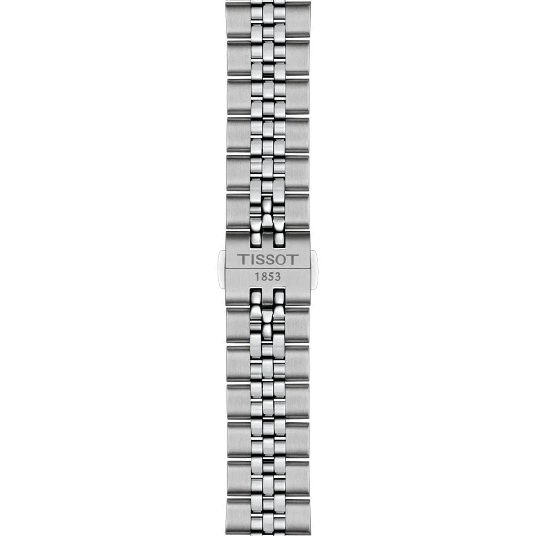 Stainless steel bracelet with brushed clasp engraved "TISSOT 1853," featuring a multi-link design—ideal for the Tissot Ballade Powermatic 80 Automatic 39mm Watch or any compatible Powermatic 80 timepiece.
