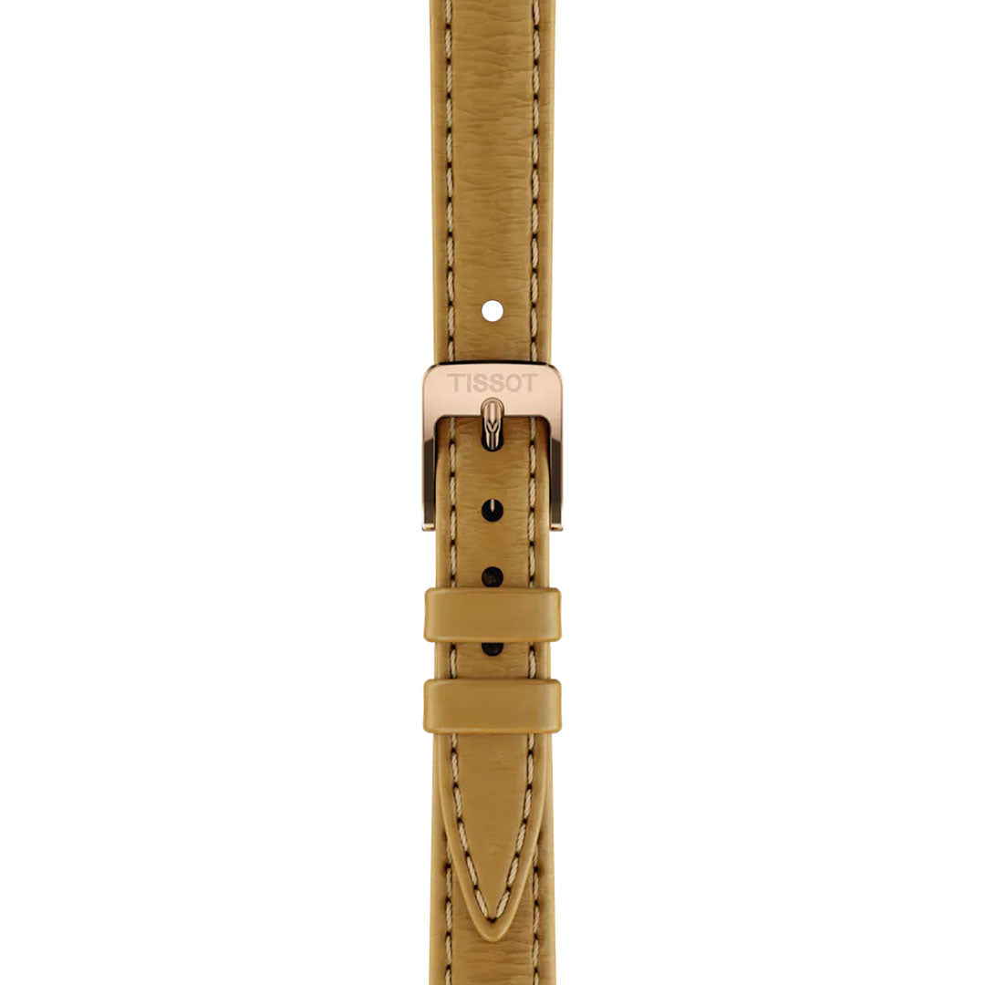 Close-up of a tan leather strap with white stitching, designed for the Tissot SRV Quartz 30mm Watch. The rose gold buckle features the Tissot logo and the strap is vertically aligned against a white background.