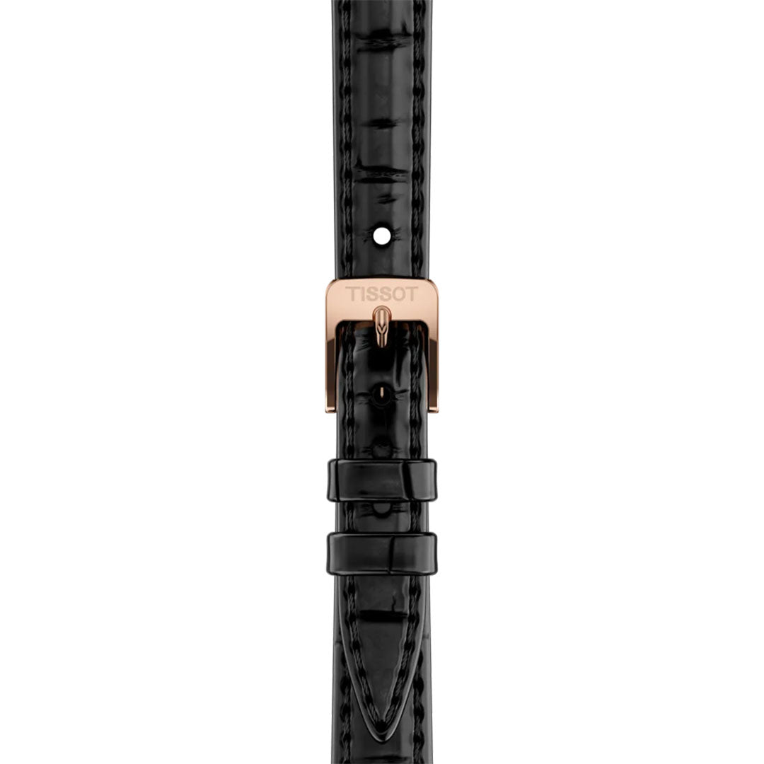 The Tissot SRV Quartz 30mm Watch features a black leather strap with a shiny finish and a rose gold buckle engraved with the Tissot logo, displayed against a white background.