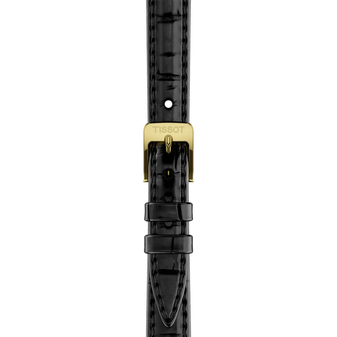 A close-up of a black leather strap with a gold buckle engraved with the Tissot logo, centered on a white background—an elegant touch for any Tissot SRV Quartz 30mm Watch.