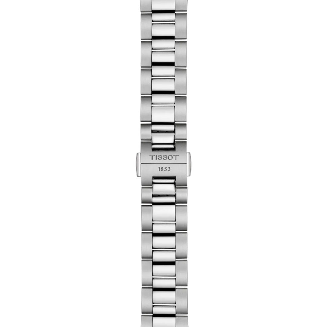 A stainless steel bracelet with "TISSOT 1853" clasp, designed for the Tissot Gentleman Powermatic 80 Automatic 38mm Watch, features polished and brushed links in a classic, modern style.