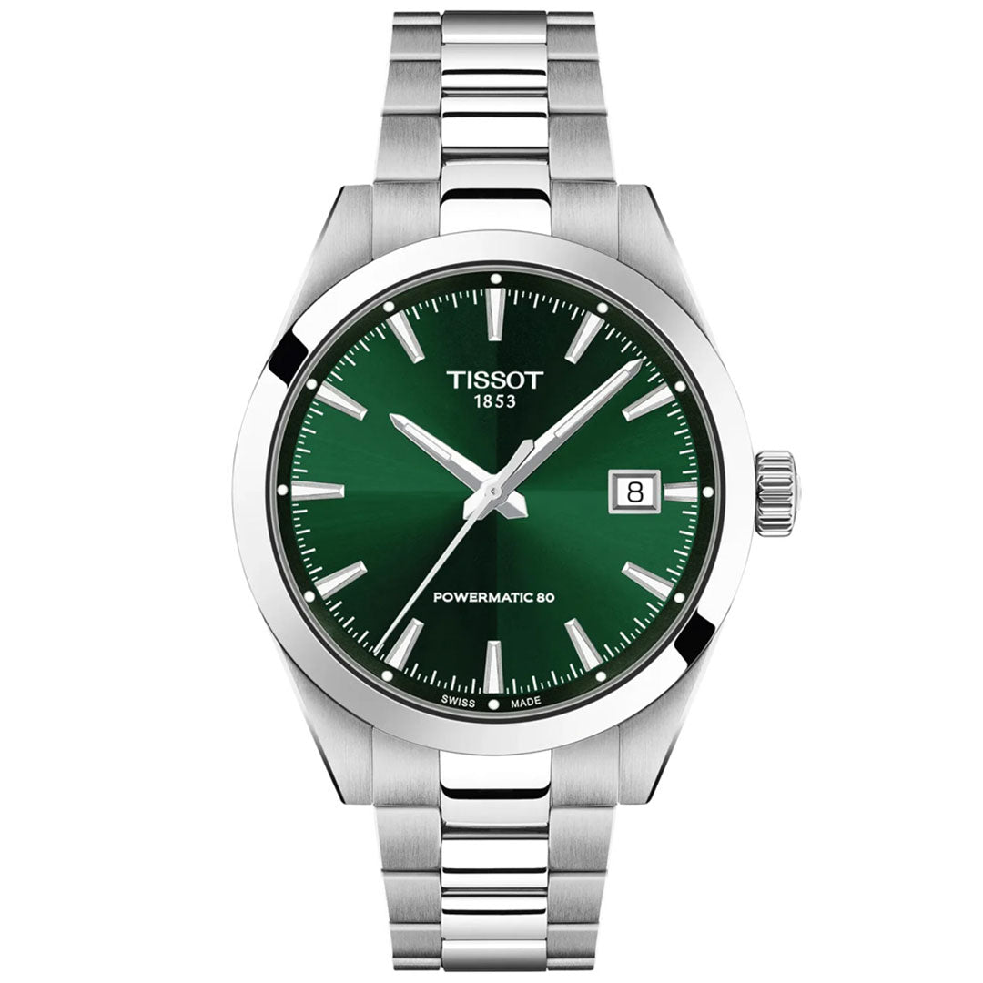 The Tissot Gentleman Powermatic 80 Automatic 38mm Watch by Tissot features a stainless steel case, metallic band, green dial, silver hour markers, date window at 3 o'clock, and "Powermatic 80" text near 6 o'clock.