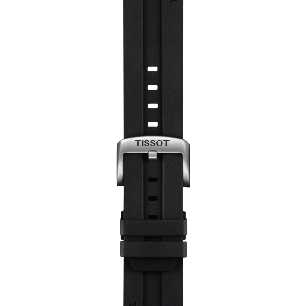Tissot Official Black Rubber Strap, 22 mm lugs, featuring multiple adjustment holes and a silver buckle engraved with "TISSOT," displayed on a white background.