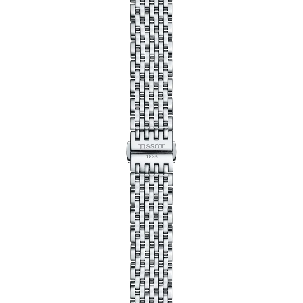 A Tissot Official Stainless Steel Bracelet with 16 mm lugs is displayed vertically against a plain white background. The bracelet features a mesh link design and a clasp engraved with "TISSOT 1853.