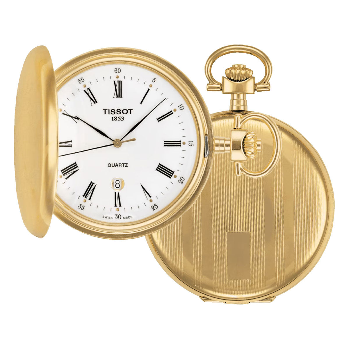 The Tissot Savonnette Quartz 48.5mm Watch in gold showcases its elegant white face with black Roman numerals and hands when the lid is open, completed by a date display positioned at six o'clock. It features precise Swiss Quartz Movement and includes an engraved back cover with vertical lines, enhancing its classic sophistication.
