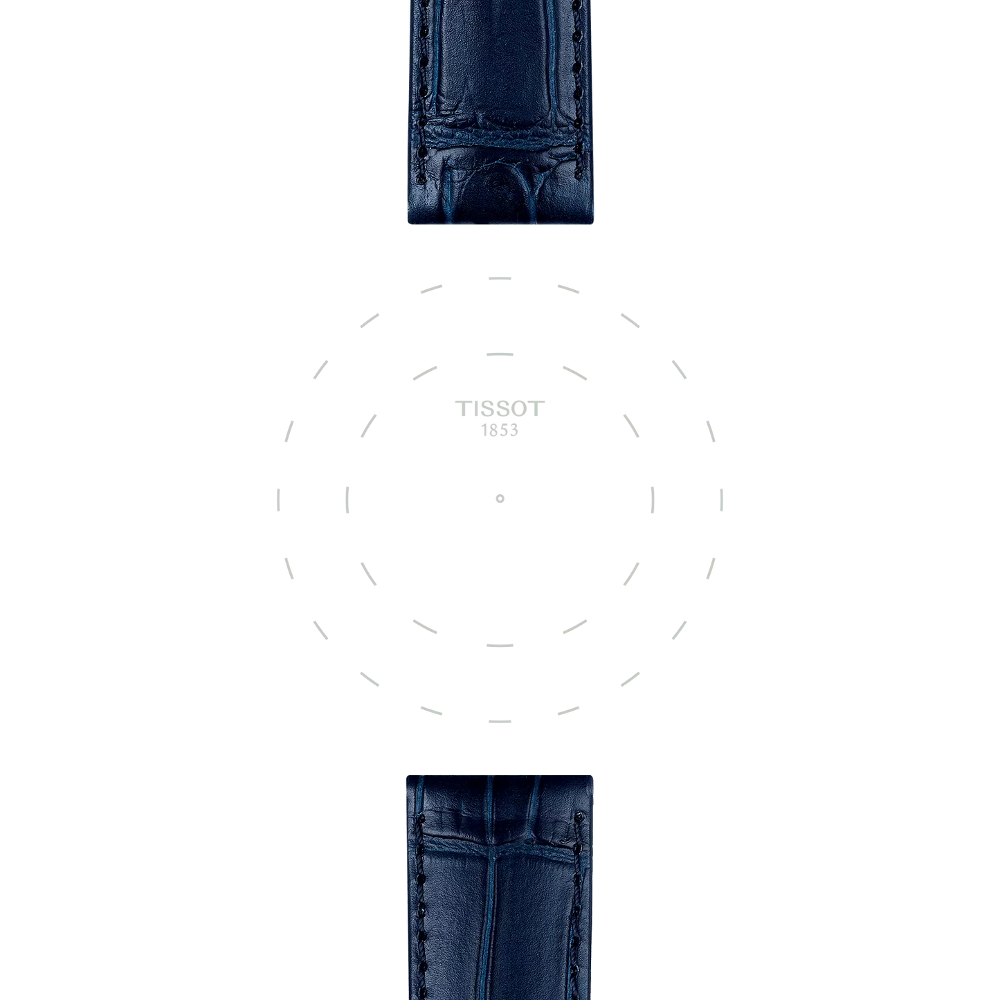 Two Tissot Official Blue Leather Straps with 20 mm lugs are aligned vertically above and below a faint, circular outline of a Tissot watch face on a white background. The watch face features only dotted hour markers, without any hands or numbers.