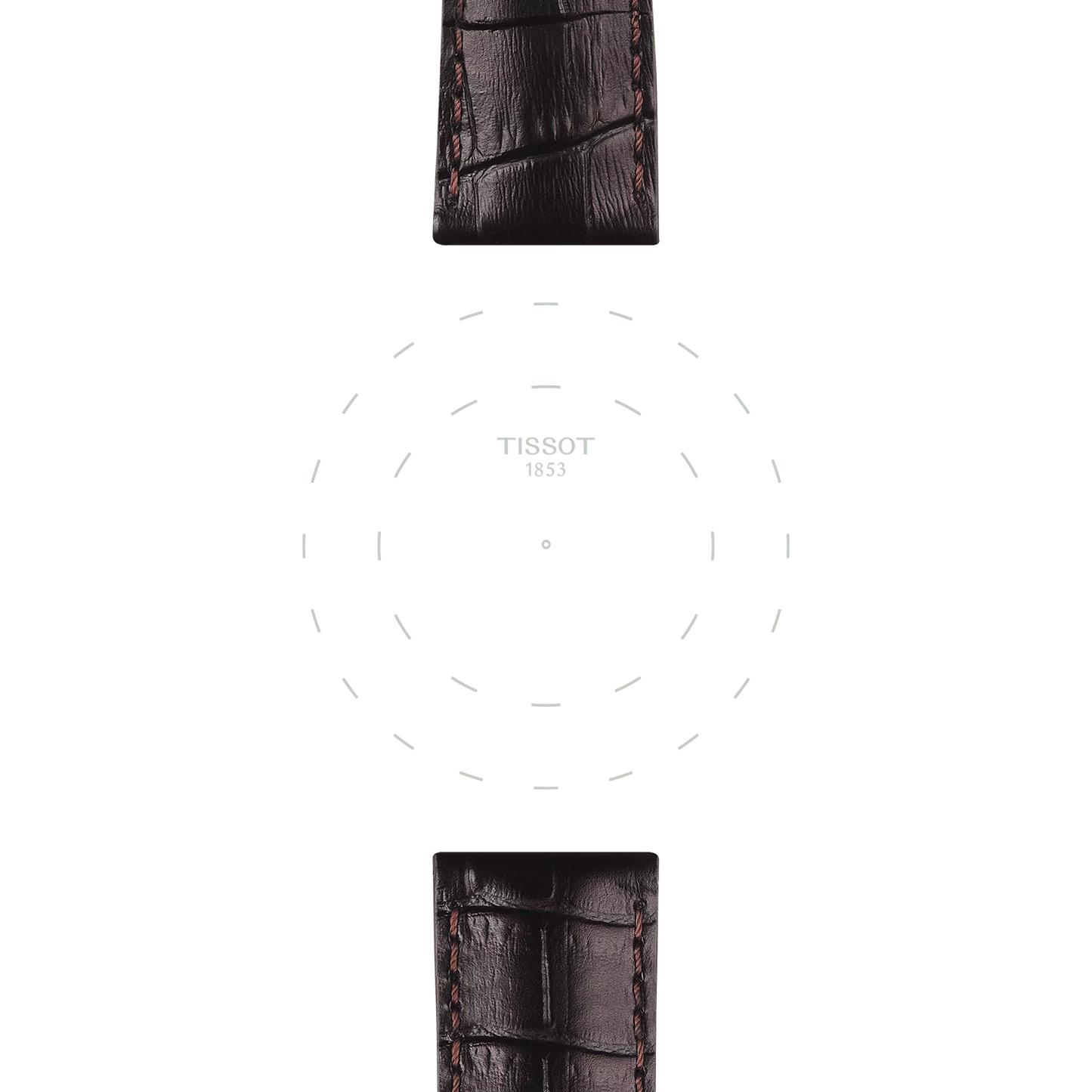 A Tissot Official Brown Leather Strap with a 22 mm lug width and crocodile pattern is displayed at the top and bottom of the image. In the center, a subtle Tissot 1853 logo appears, encircled by dashed lines on a white background.