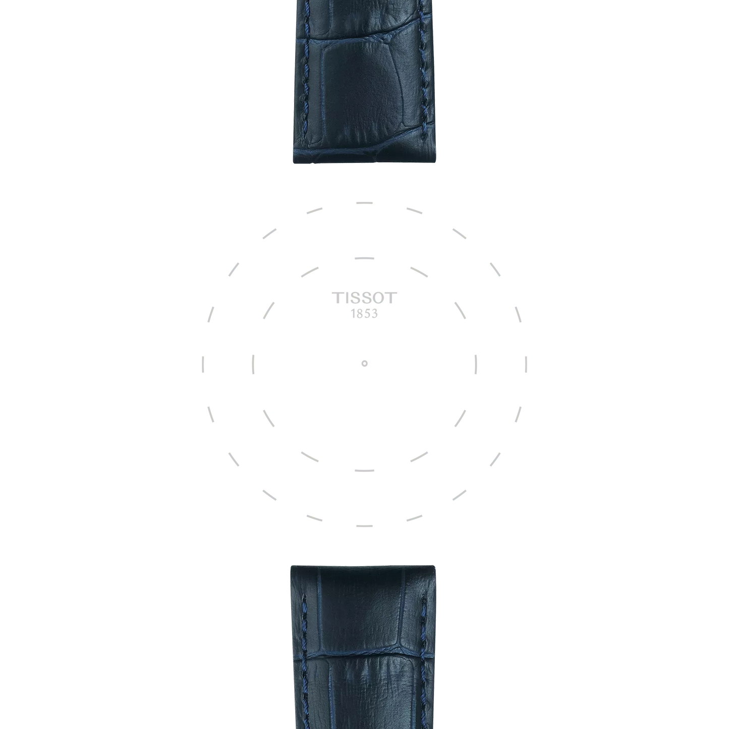 Two Tissot Official Blue Leather Strap Lugs 21 mm are displayed at the top and bottom of the image on a light background, with the Tissot logo and faint circular dashed lines in the center. No watch face or hands are visible.