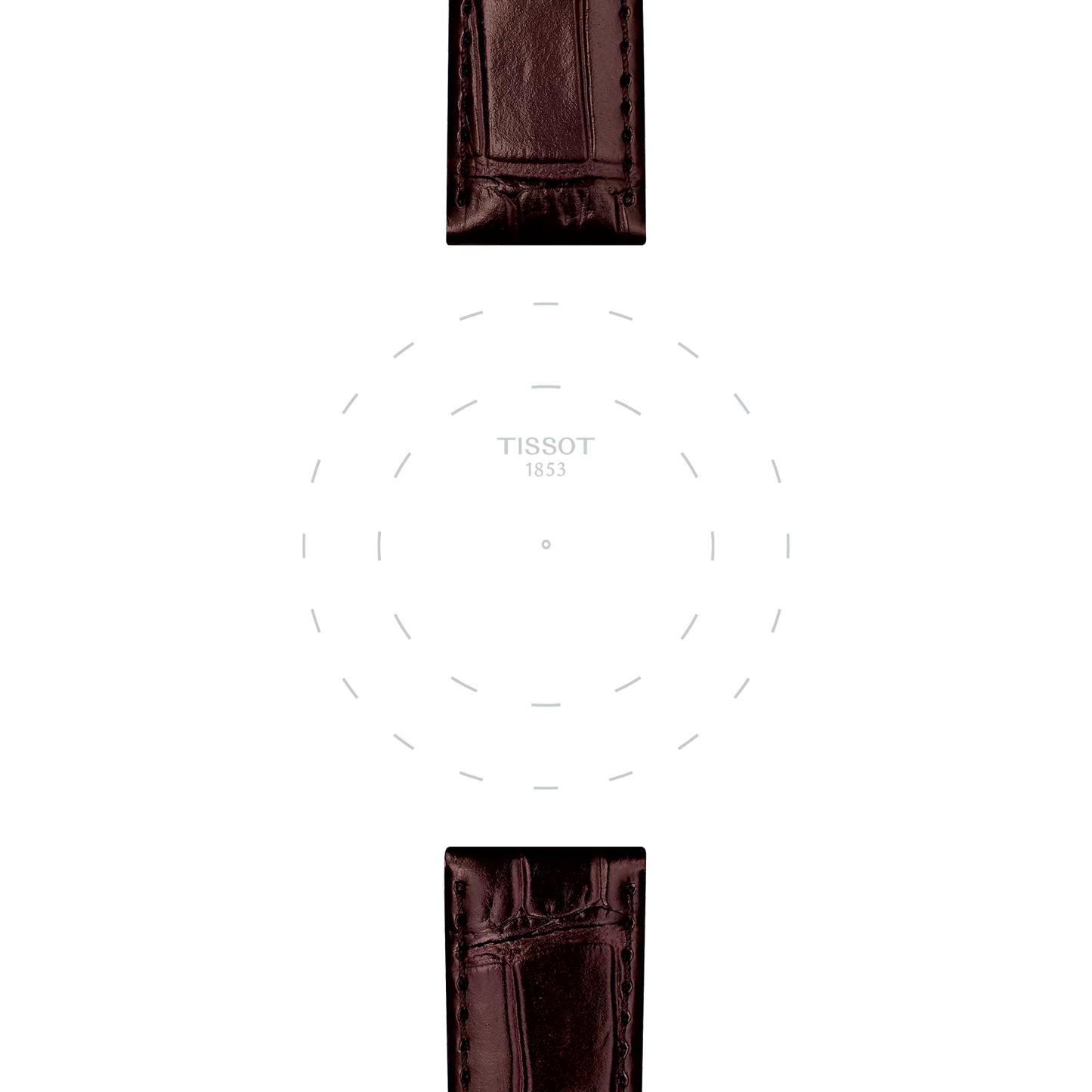 Two Tissot Official Brown Leather Strap Lugs (20 mm) frame a blank watch face marked only with dotted hour lines and "TISSOT 1853" in the center, set against a plain white background.