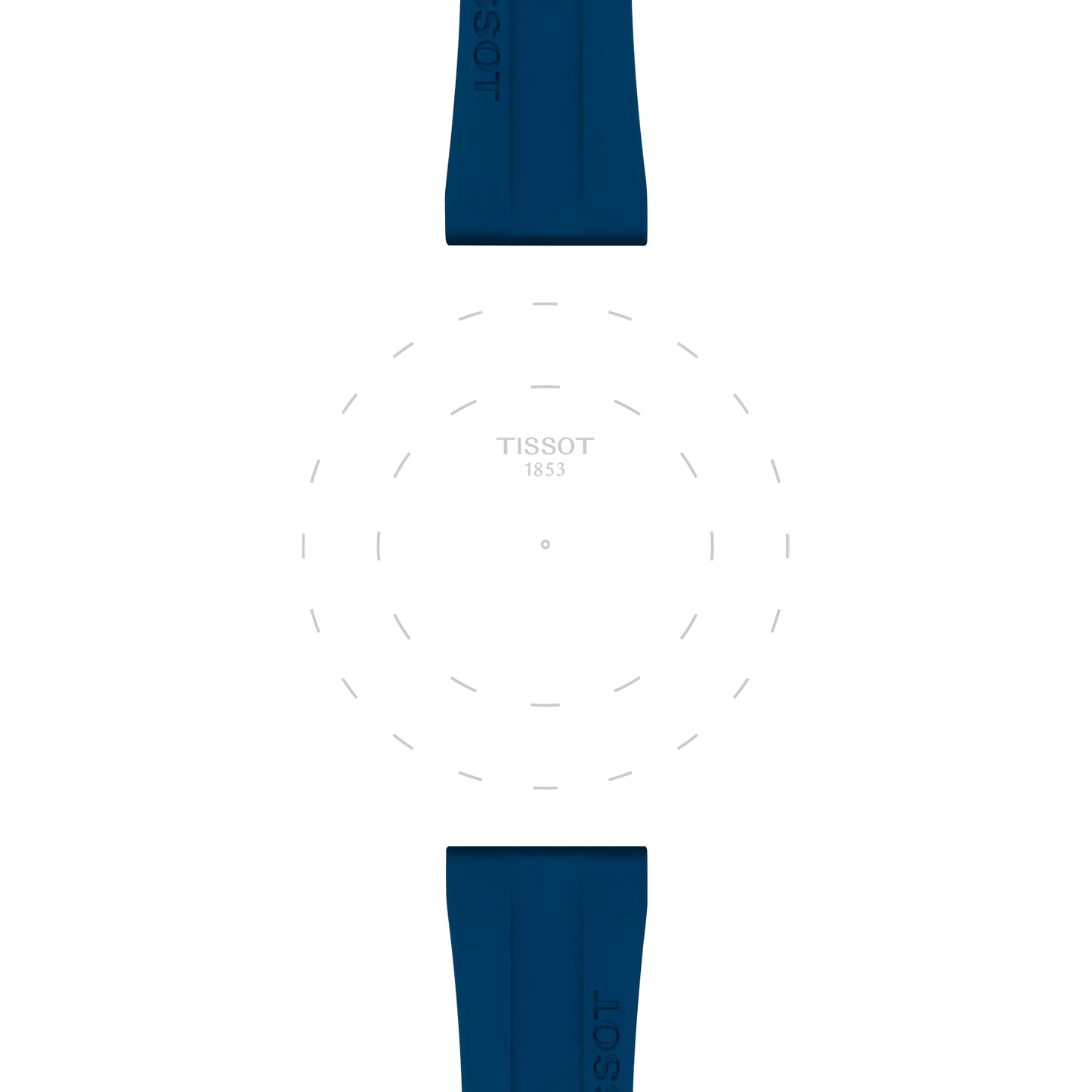 The Tissot Official Blue Rubber Strap Lugs 20 mm are arranged above and below a faint, dashed outline of a watch face with "Tissot 1853" centered on a white background.