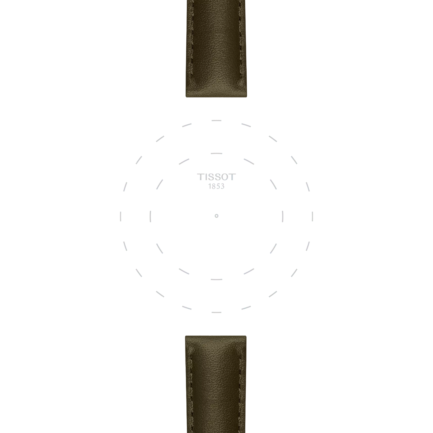 A minimalist watch face featuring the "Tissot" brand at the center, without hands or numerals, is paired with two green leather straps—Tissot Official Green Leather Strap Lugs 15 mm—positioned above and below the face.