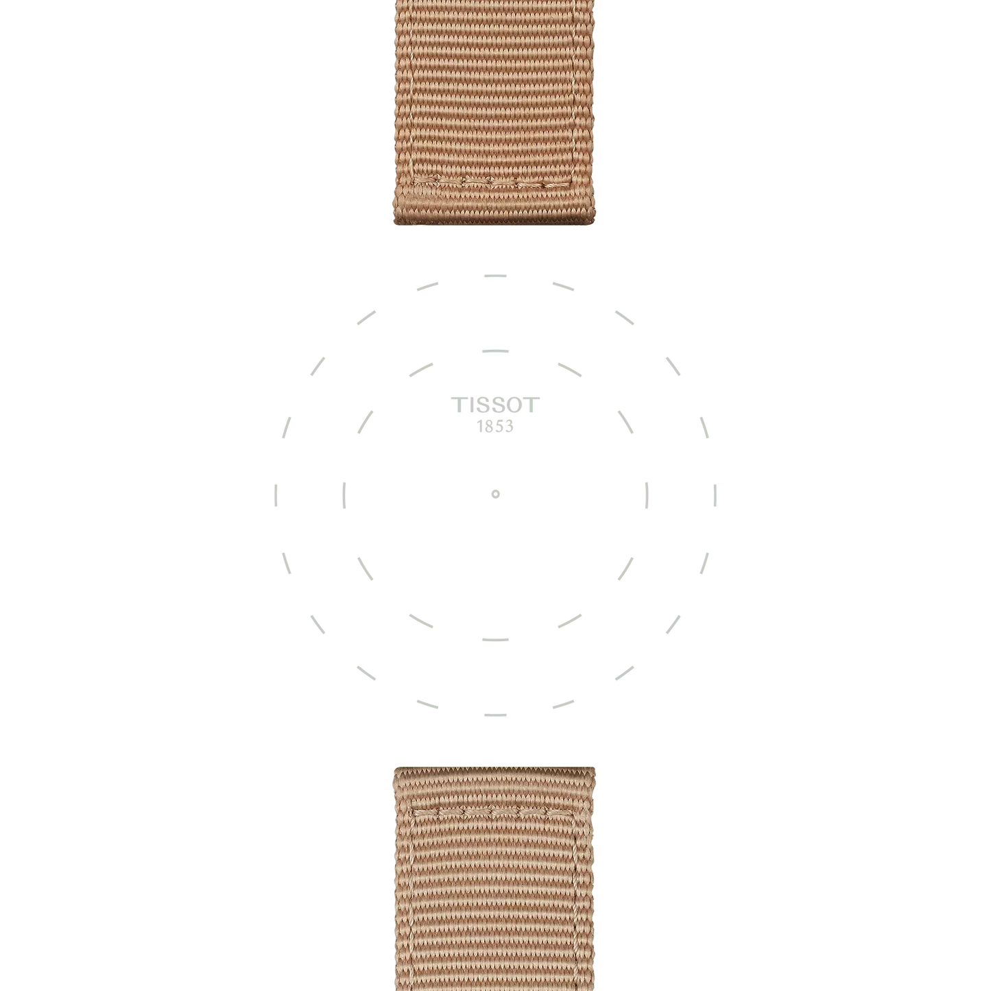 Minimalist watch face featuring dashed hour markers and "TISSOT 1853" at the center, framed by two Tissot Official Beige Fabric Straps (22 mm lugs) above and below, set against a white background.