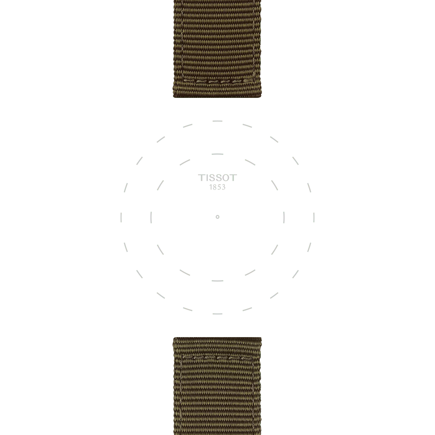 A minimalistic watch face featuring "TISSOT 1853" at the center, encircled by subtle dashed rings and paired with two Tissot Official Khaki Fabric Strap Lugs (22 mm) in brown, positioned at the top and bottom edges.